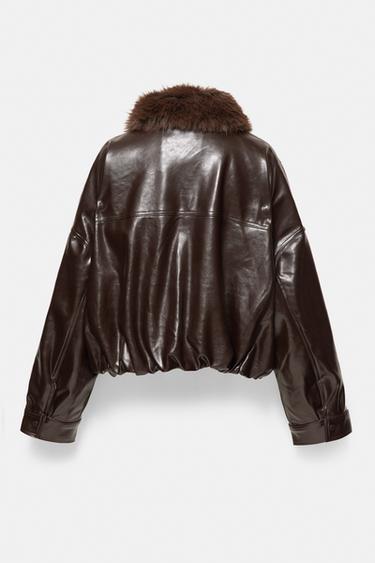 Leather effect jacket with faux fur collar — Brown 7