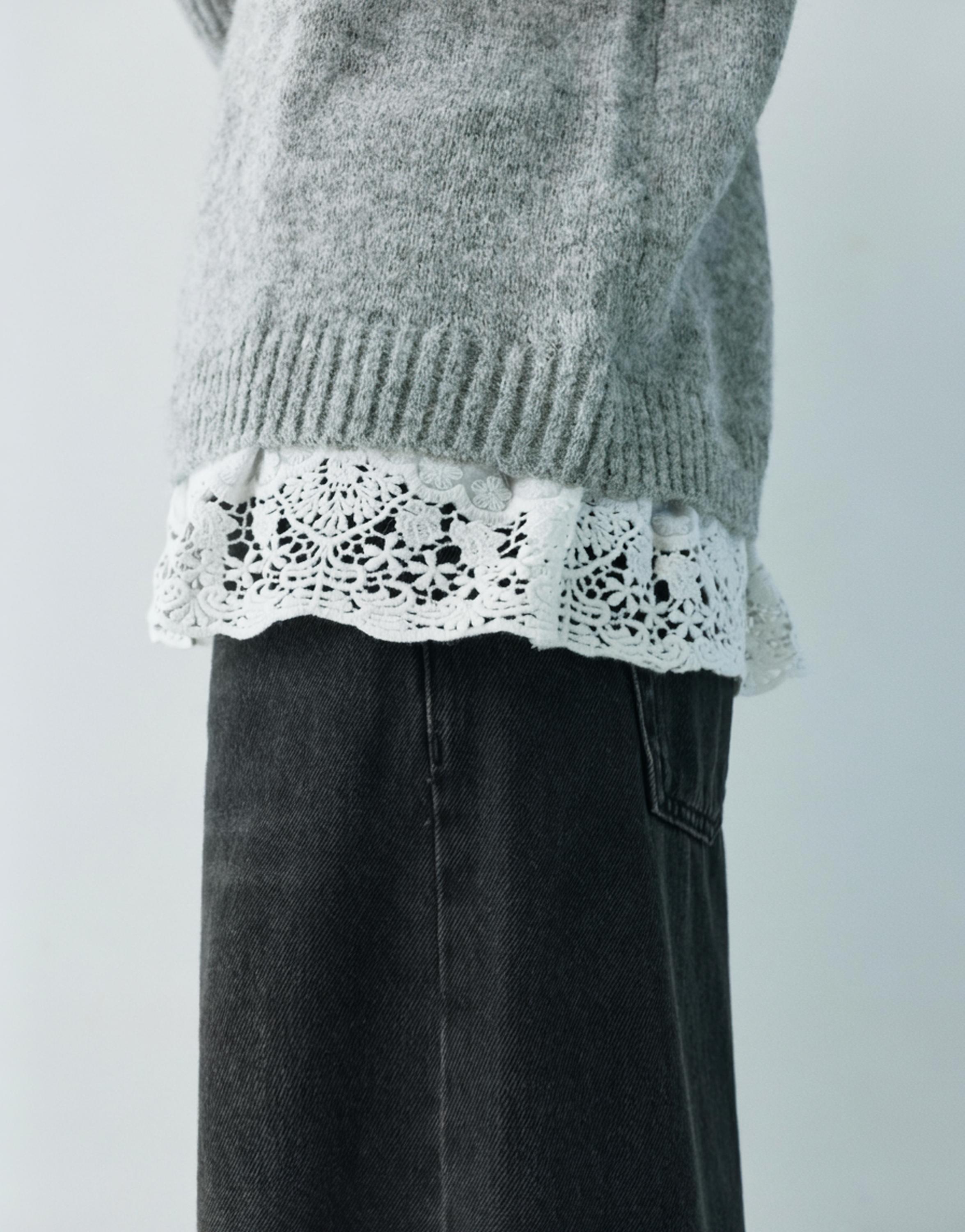 Bardot jumper with combined lace — Grey marl