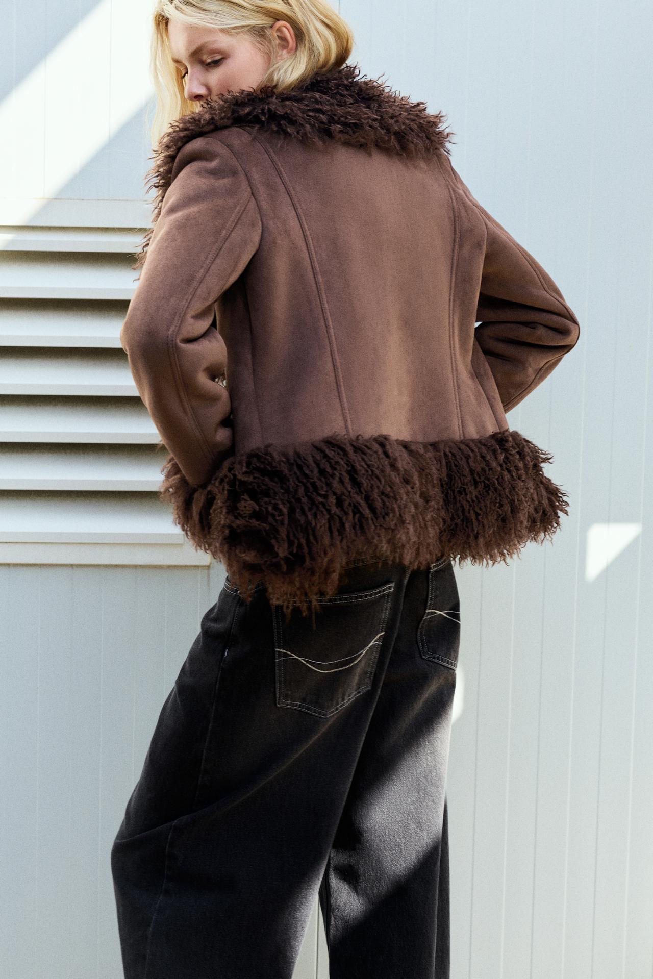Fitted faux suede jacket — Brown