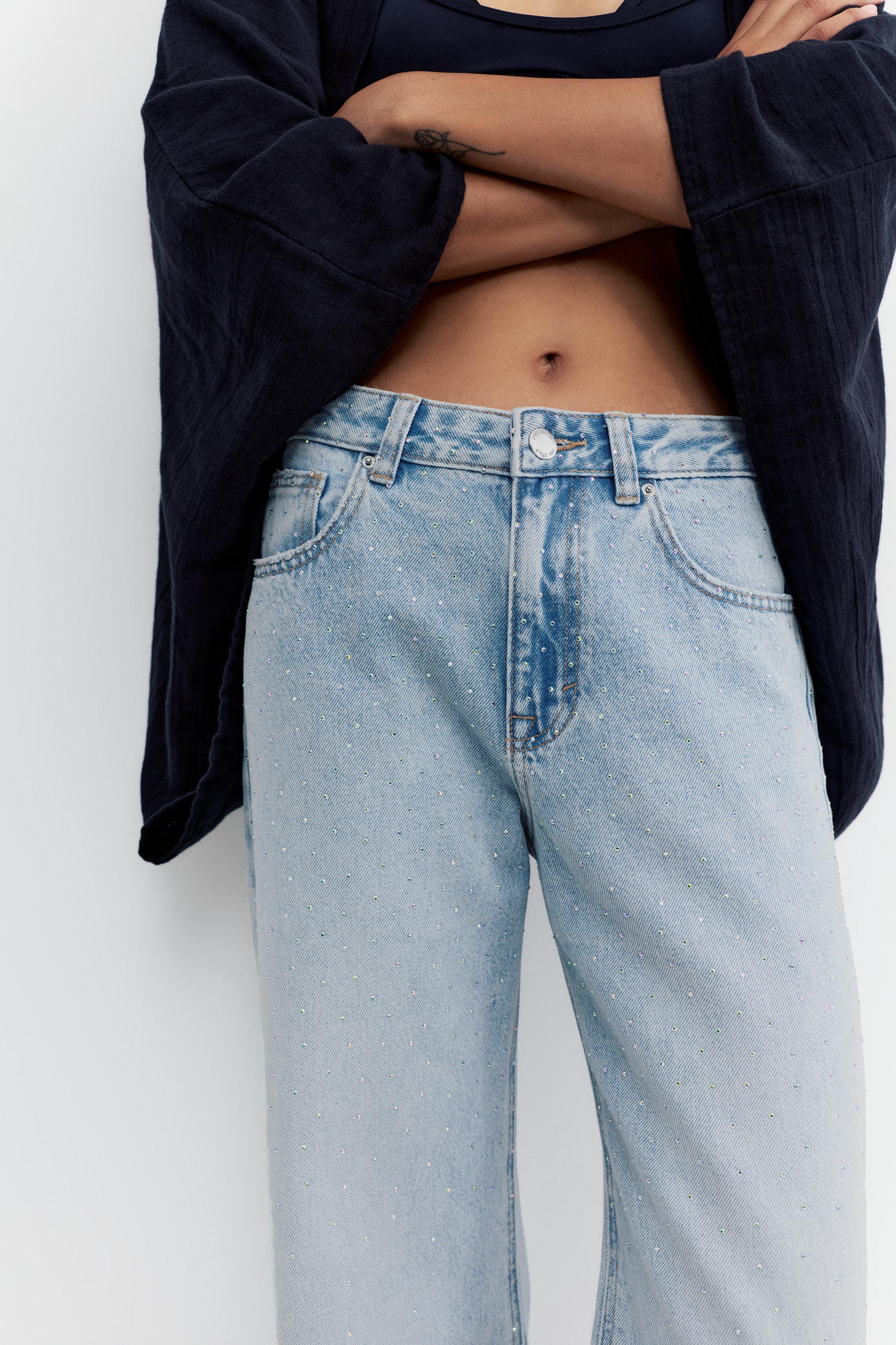 Straight-leg baggy jeans with rhinestones — Pale blue
