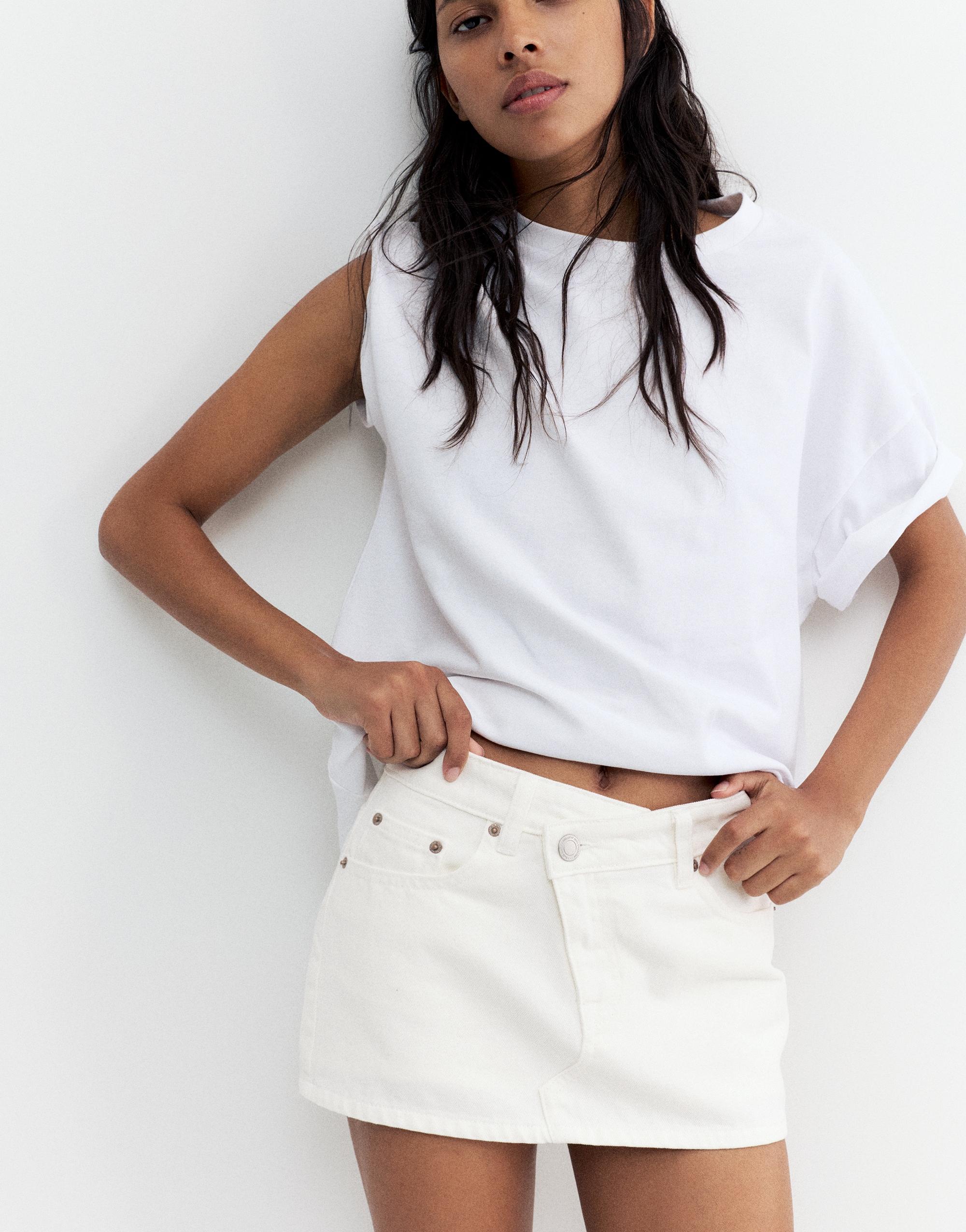 Cross-waist denim skort — White