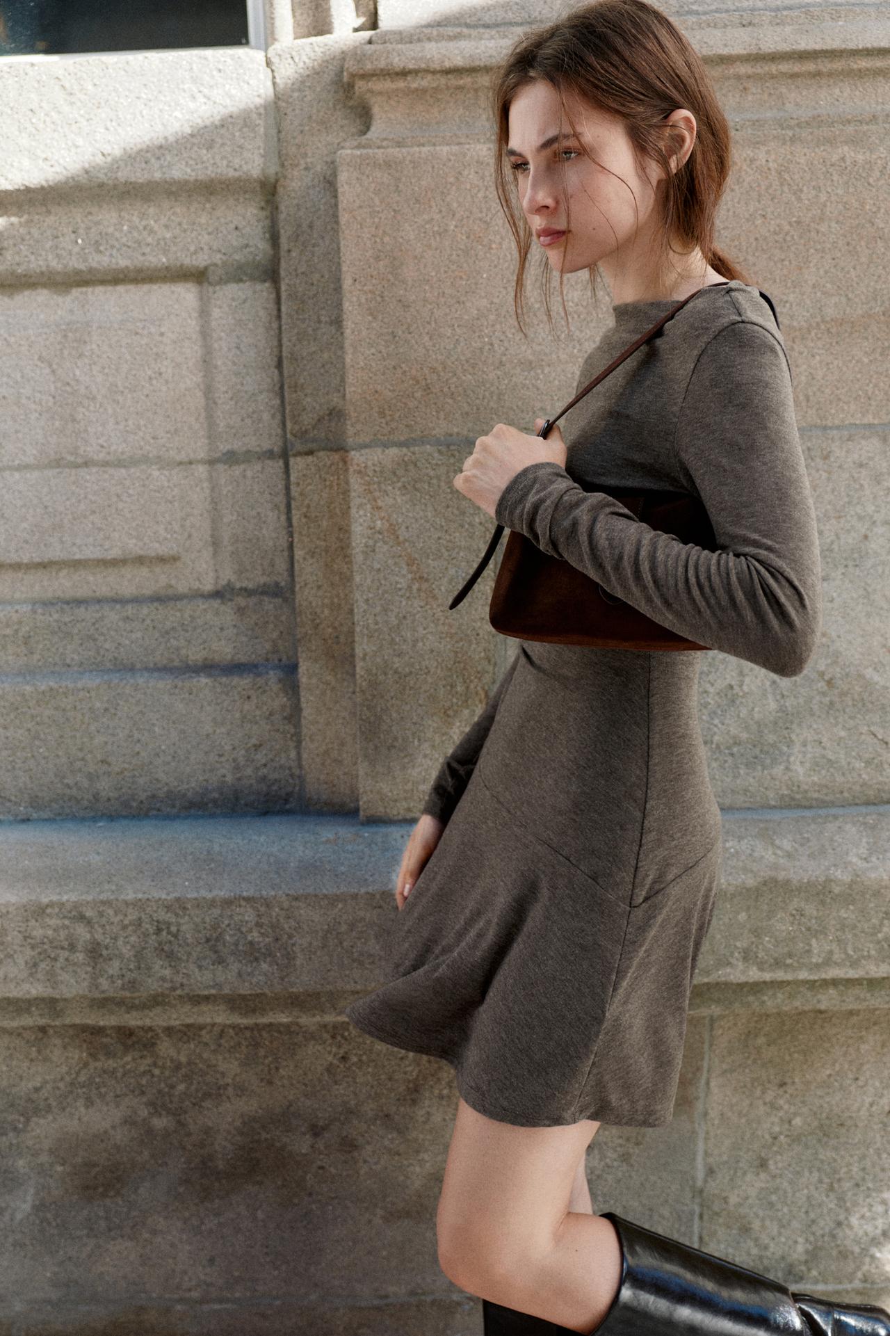 Short ruched soft-touch dress — Brown marl