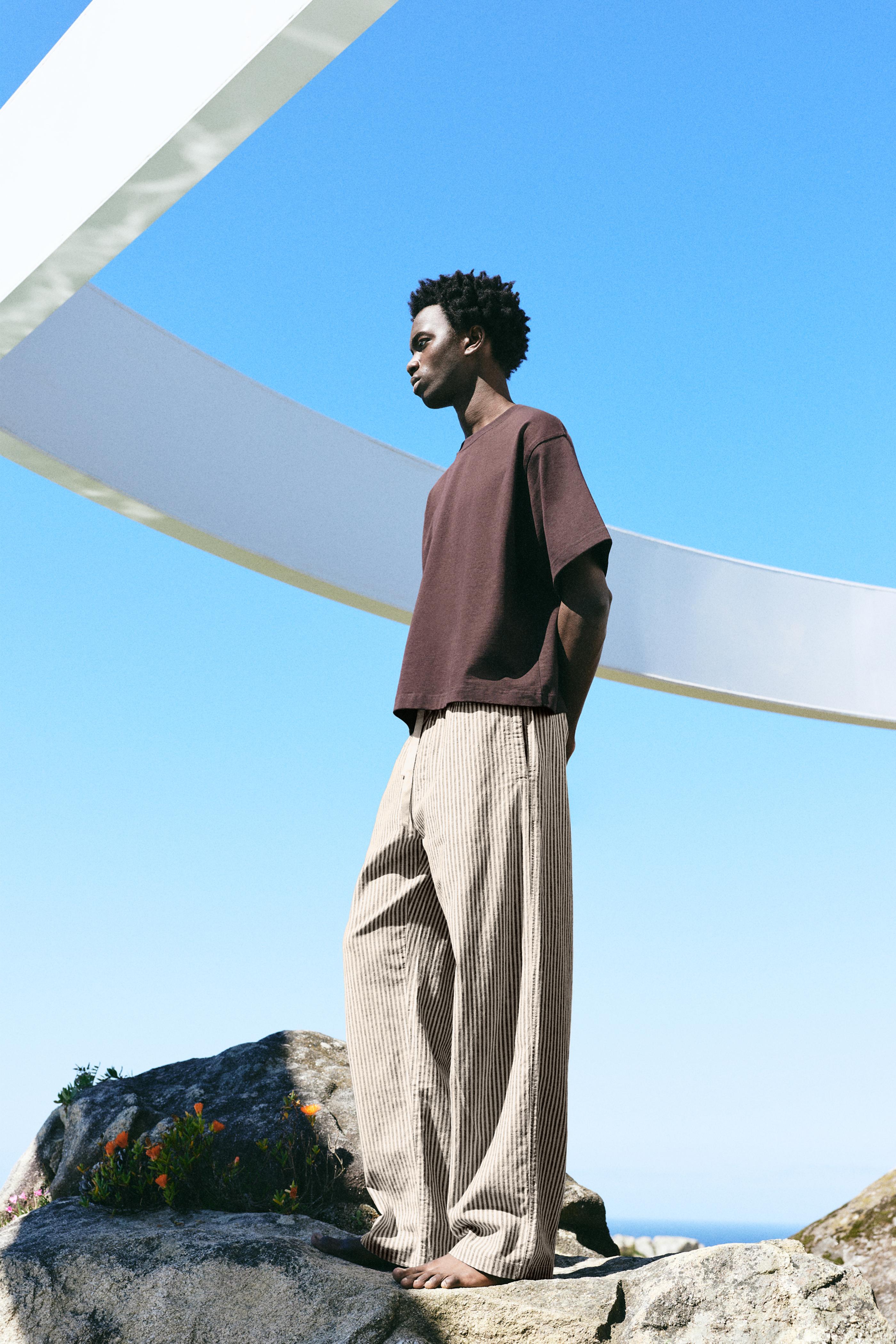 Pantaloni Jogger A Righe Misto Lino