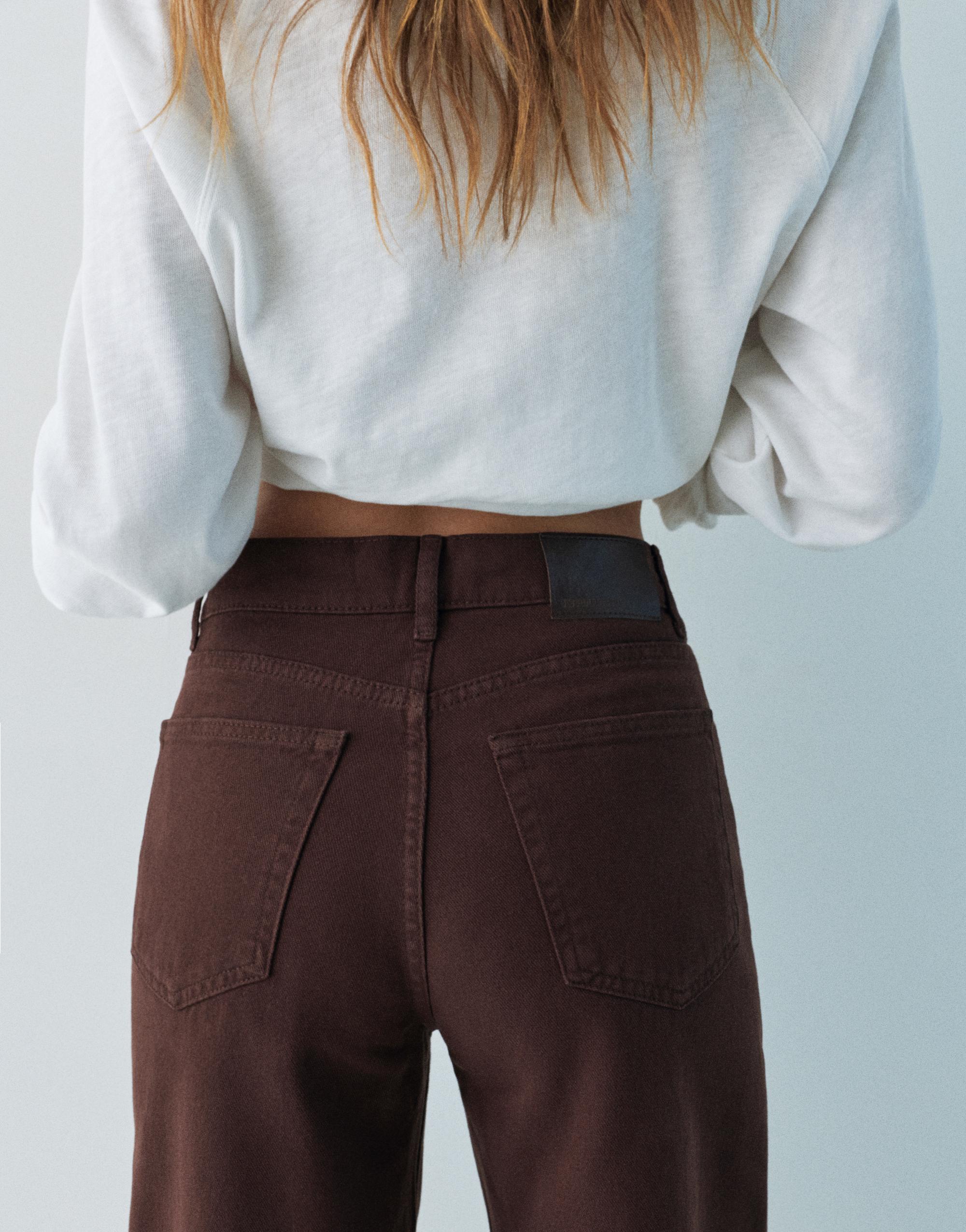 Wide leg jeans with crossover waistband — Brown