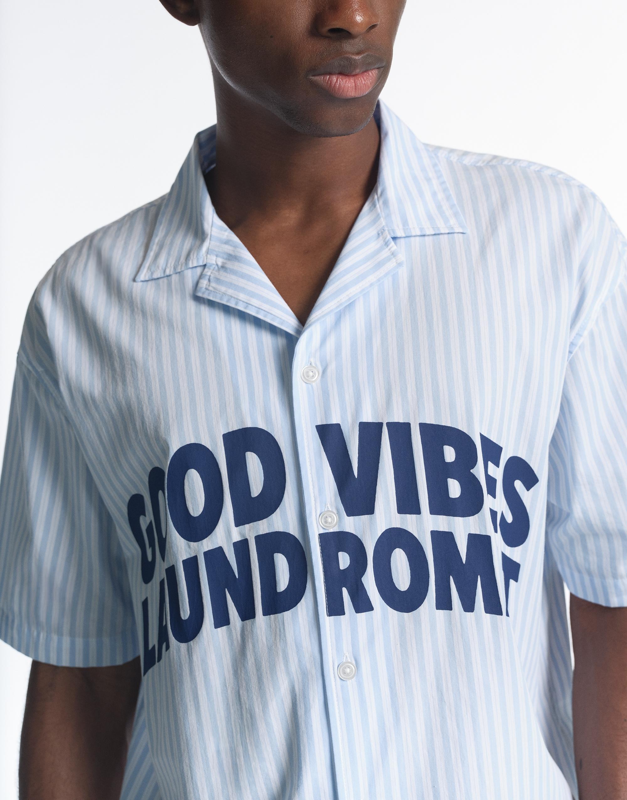 Striped short sleeve shirt with text — Grey/Blue