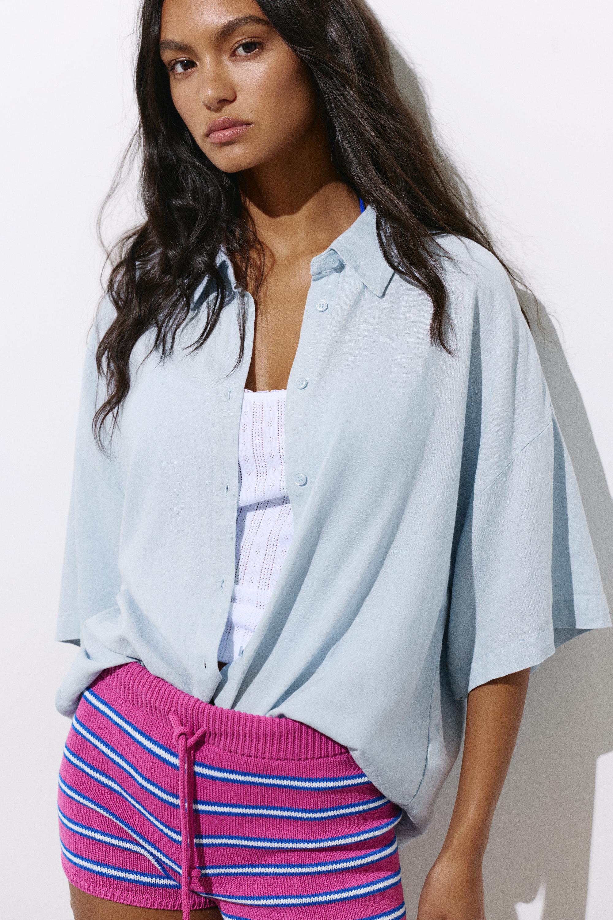 Short sleeve linen blend shirt — Sky blue