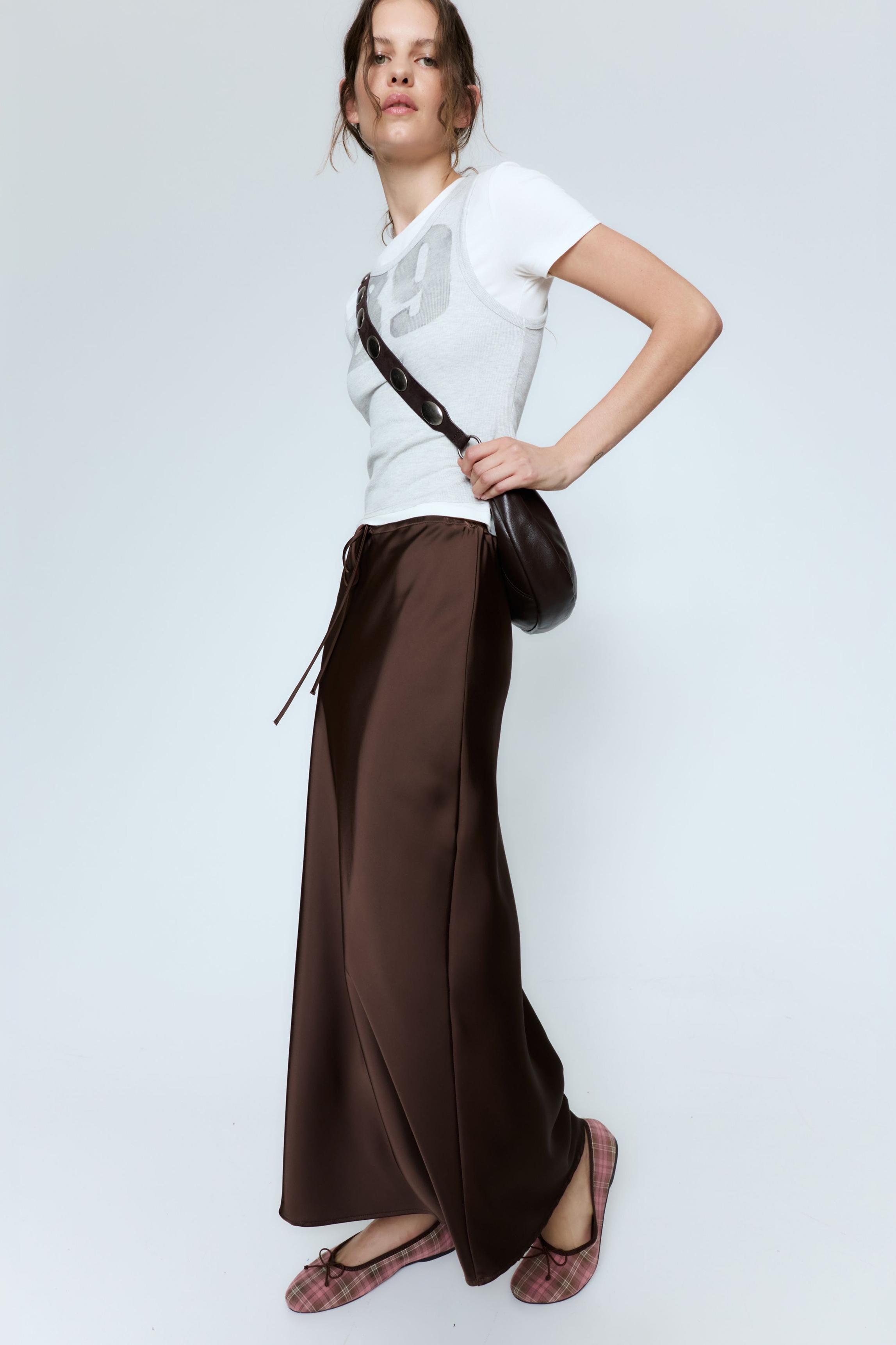Satin drawstring midi skirt — Dark brown
