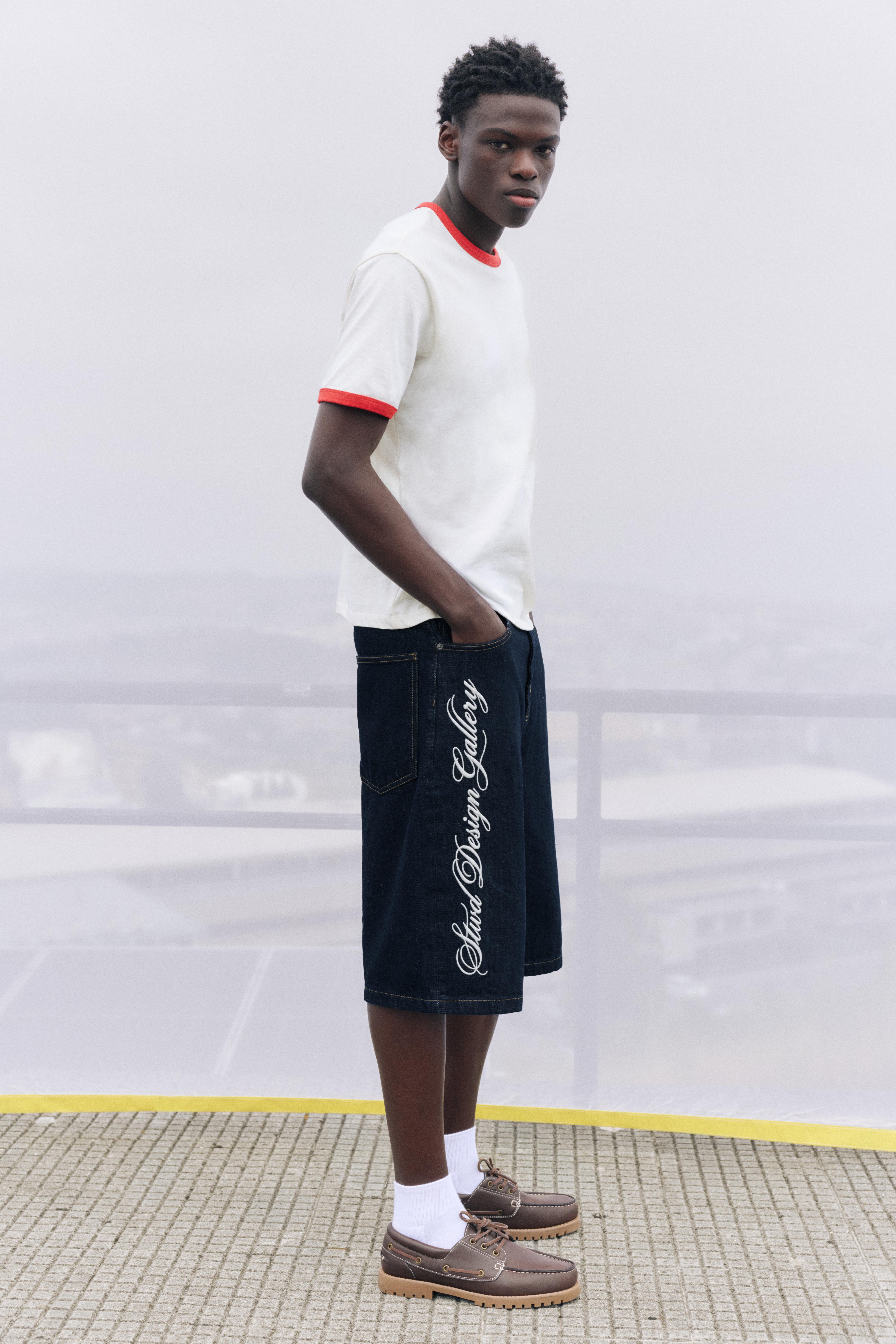 Text skater denim Bermuda shorts — Navy