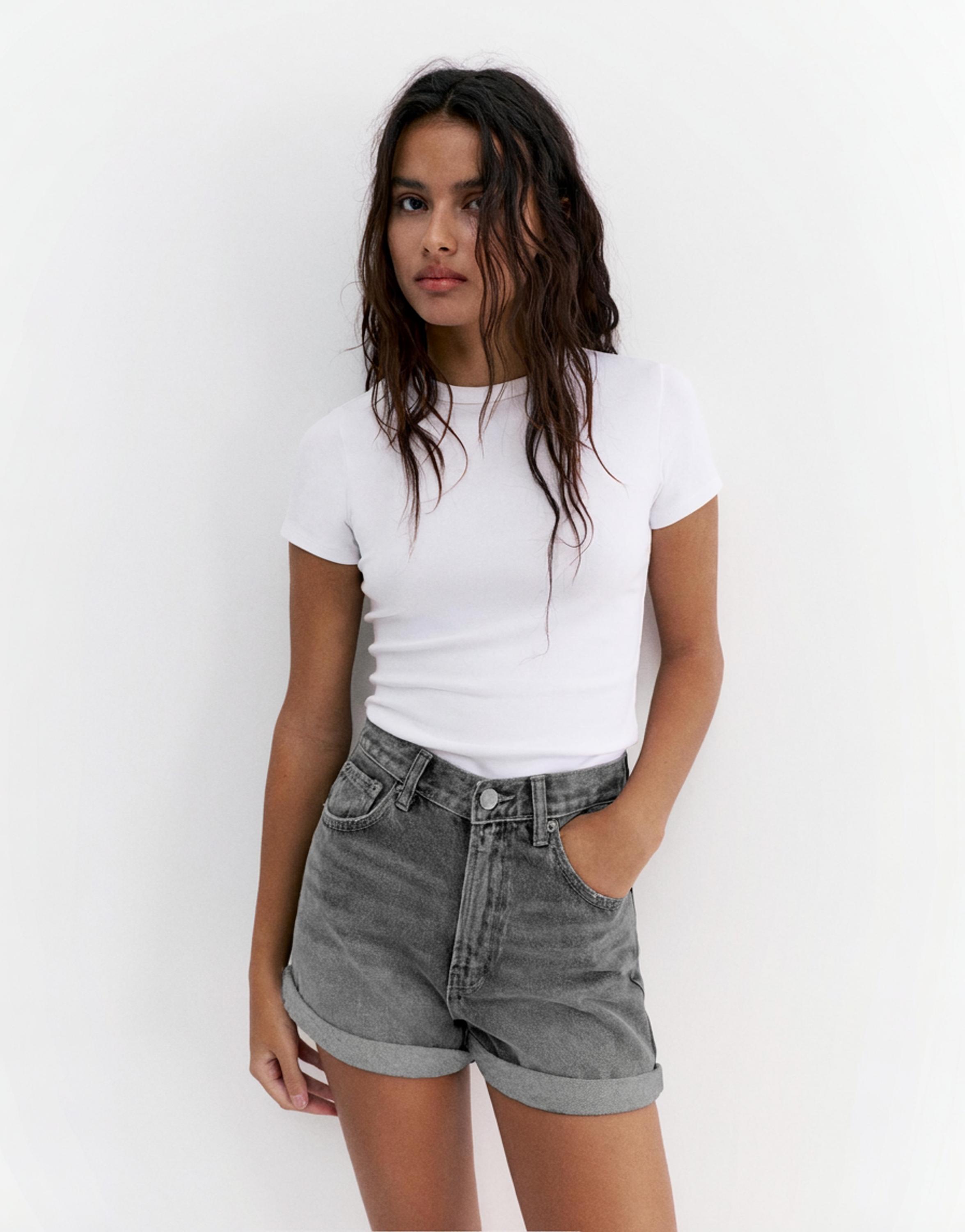 Denim turn-up mom shorts — Grey