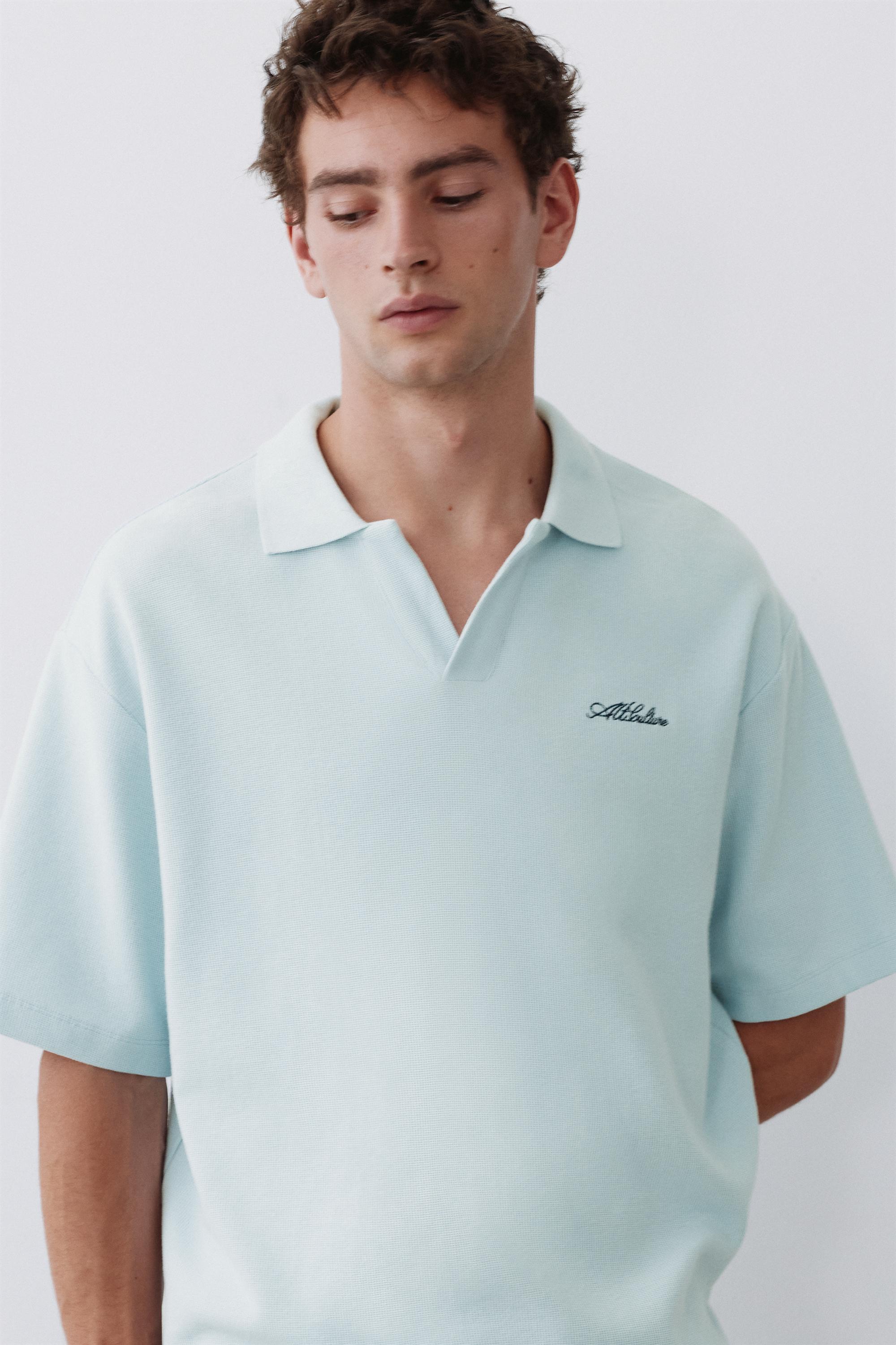 Short sleeve waffle-knit polo shirt — Sky blue