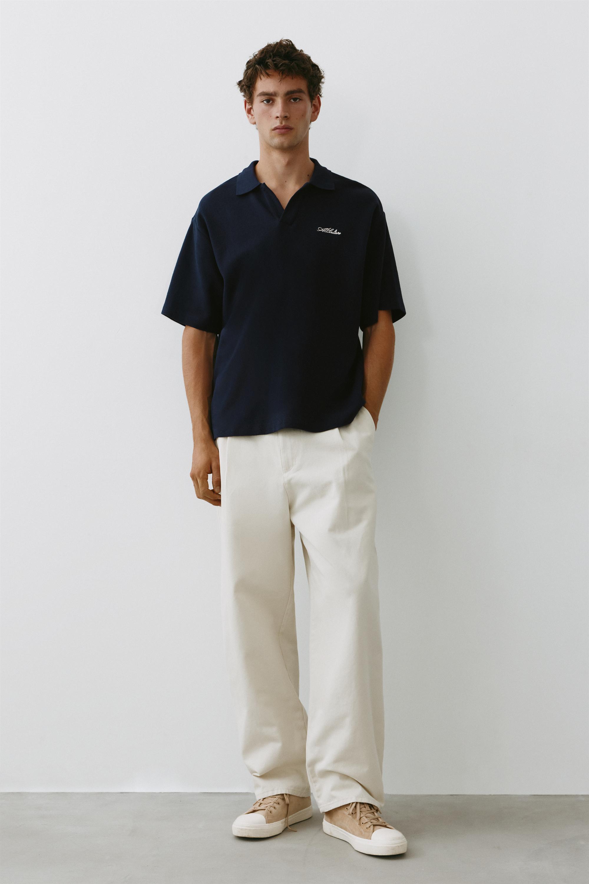 Short sleeve waffle-knit polo shirt — Navy