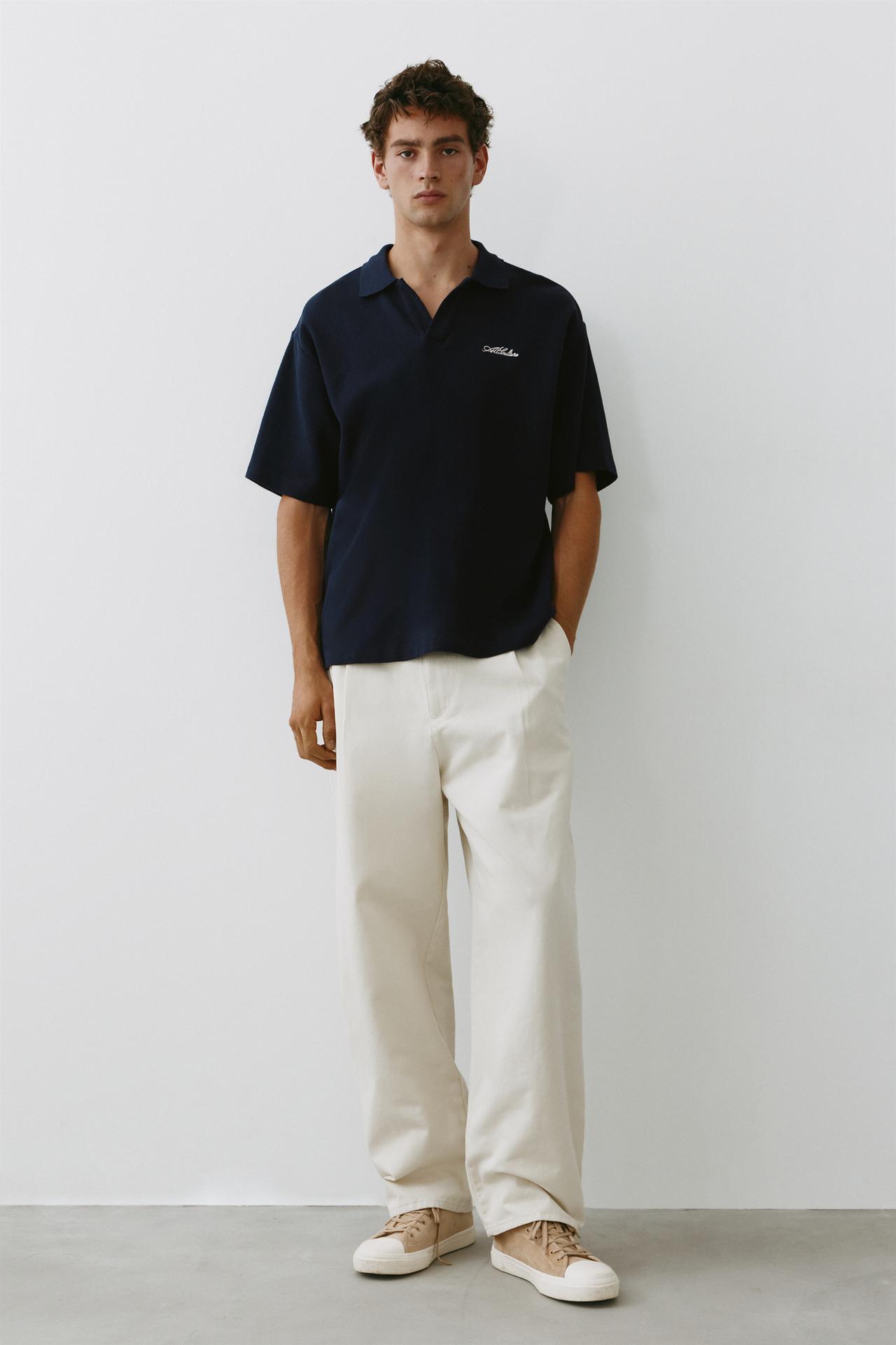 Short sleeve waffle-knit polo shirt — Navy