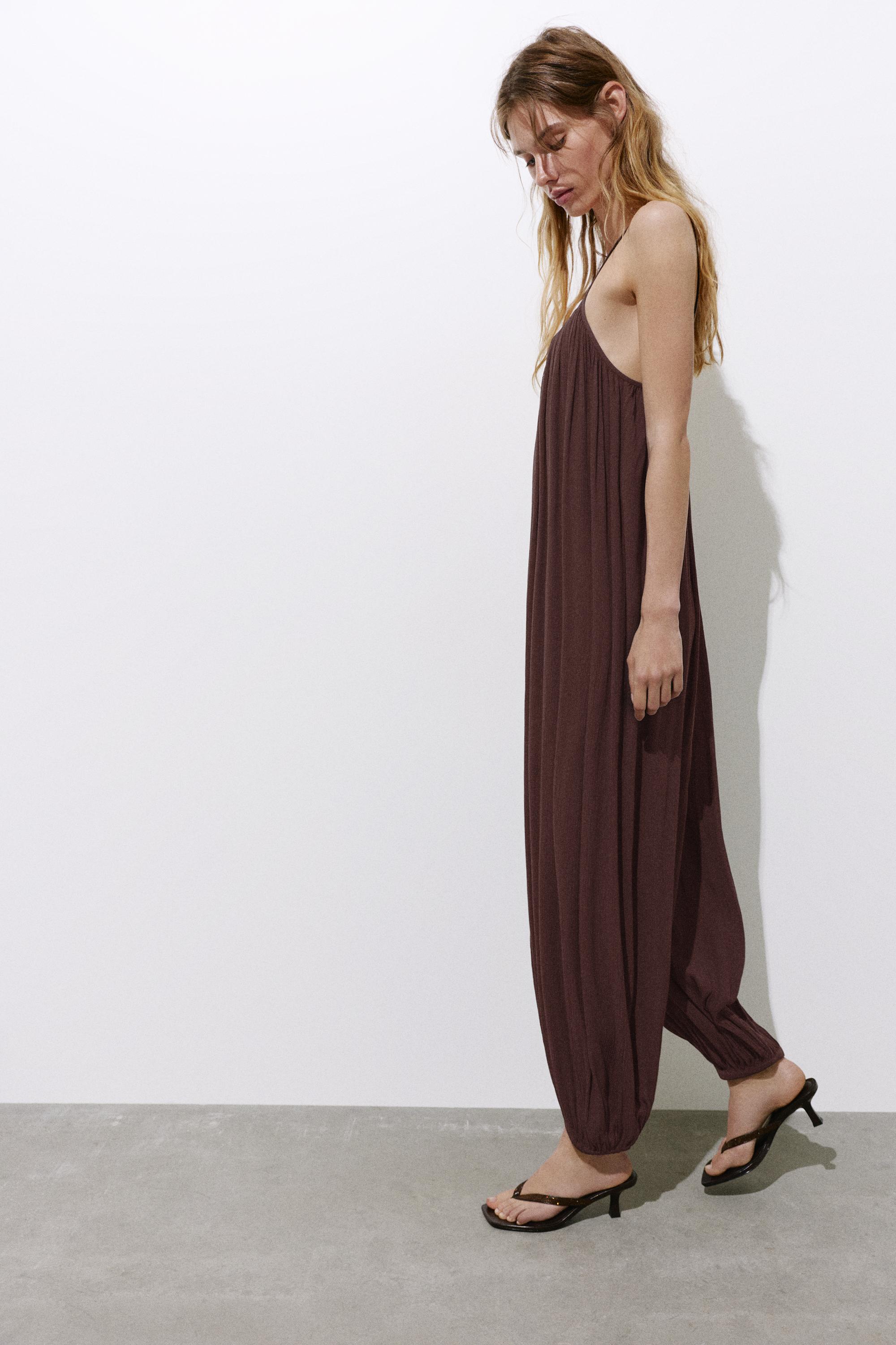 Flowing strappy sarouel jumpsuit — Brown