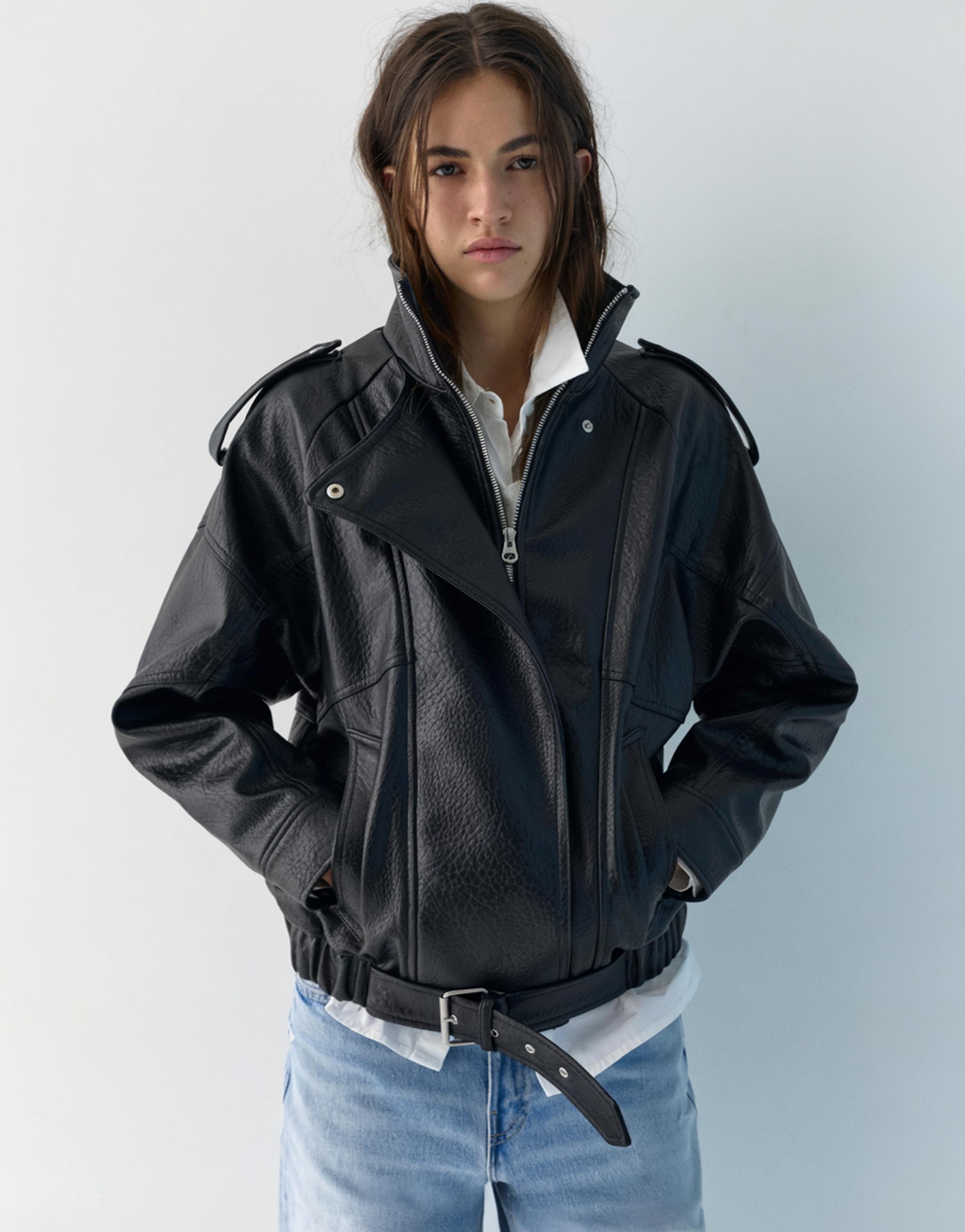 Dik yaka suni deri ceket - Görsel 7