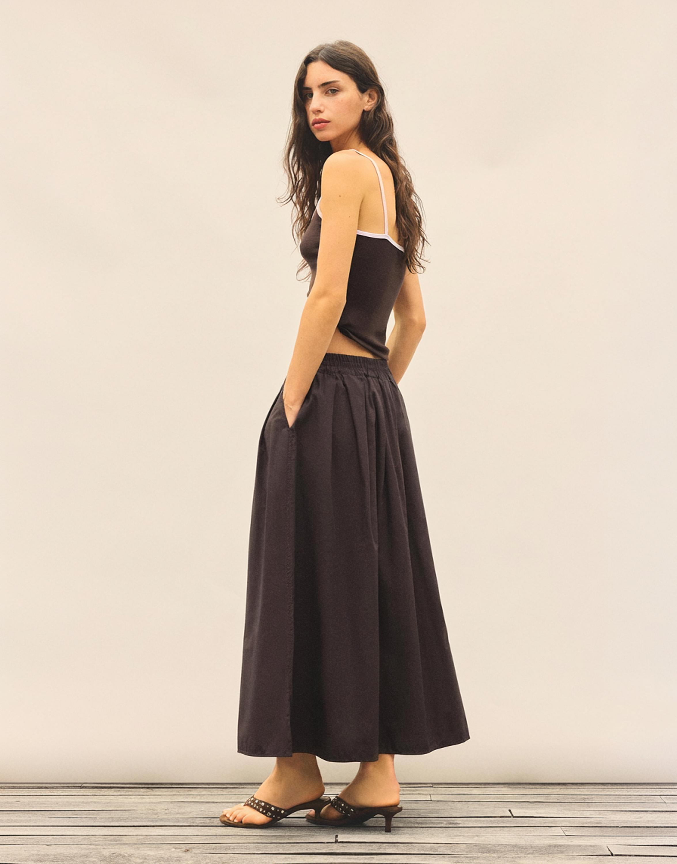 Long poplin skirt — Brown