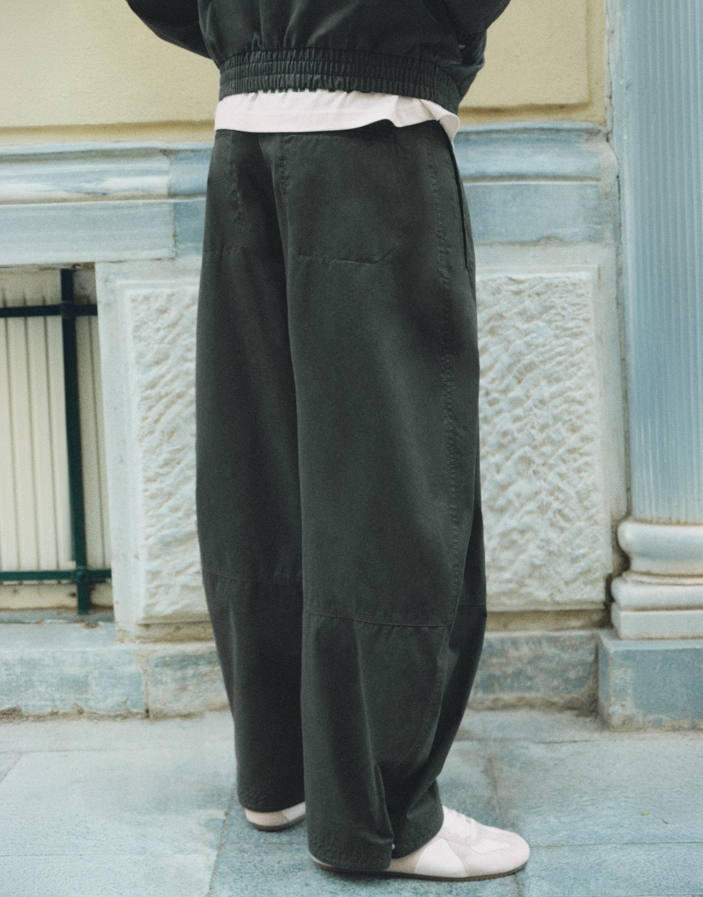 Darted barrel-leg trousers — Bluish green