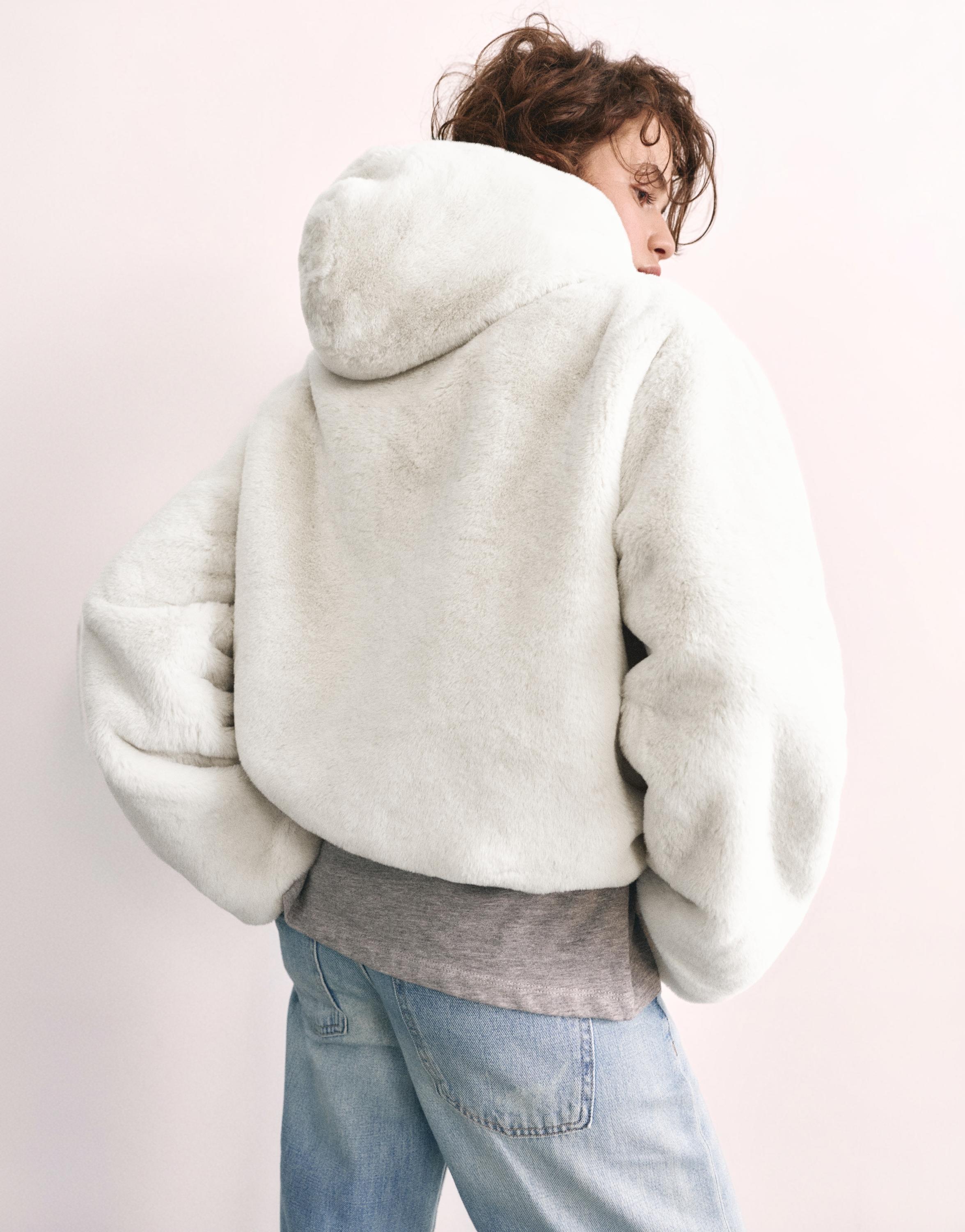 Hooded faux fur jacket — Ecru