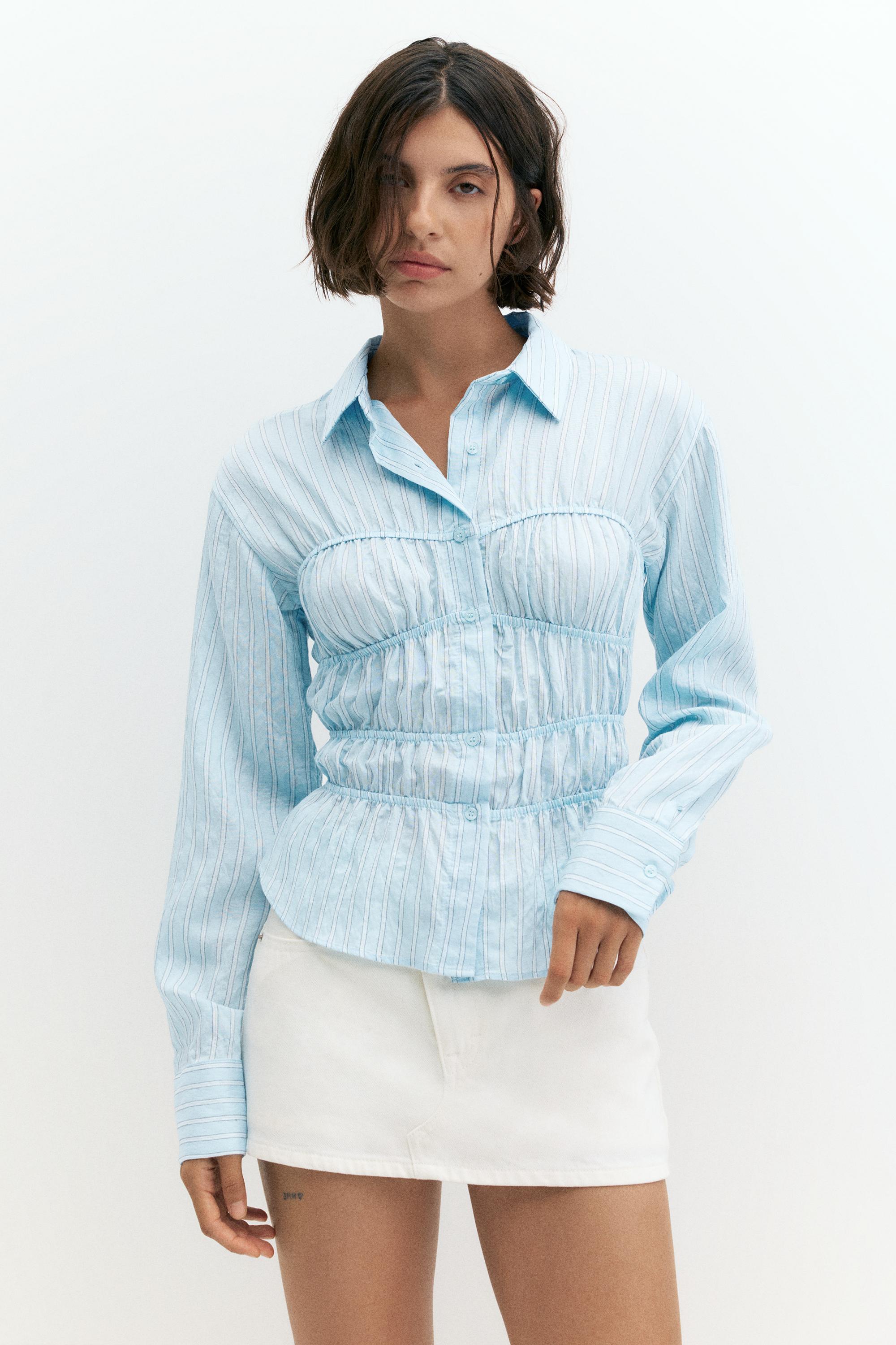 Striped long sleeve gathered shirt — White/Sky Blue (alternate view)