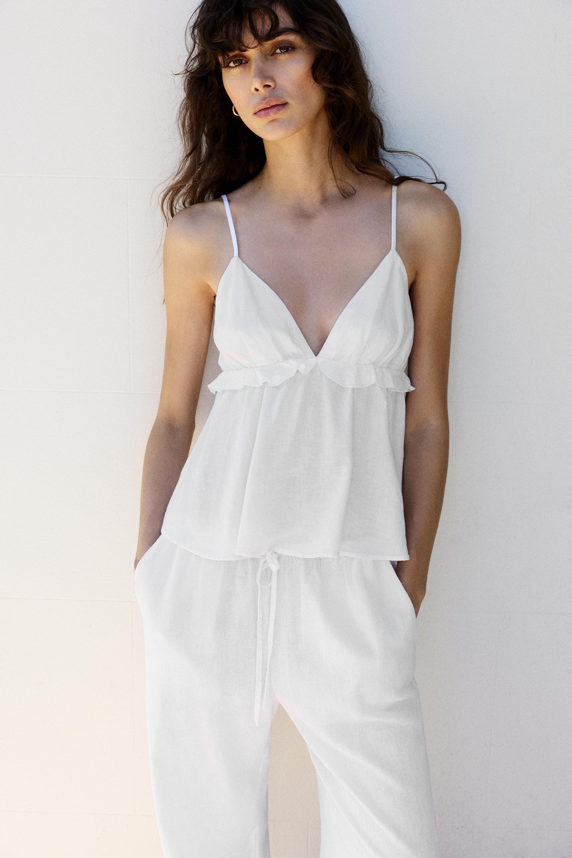 Ruffled linen top — White