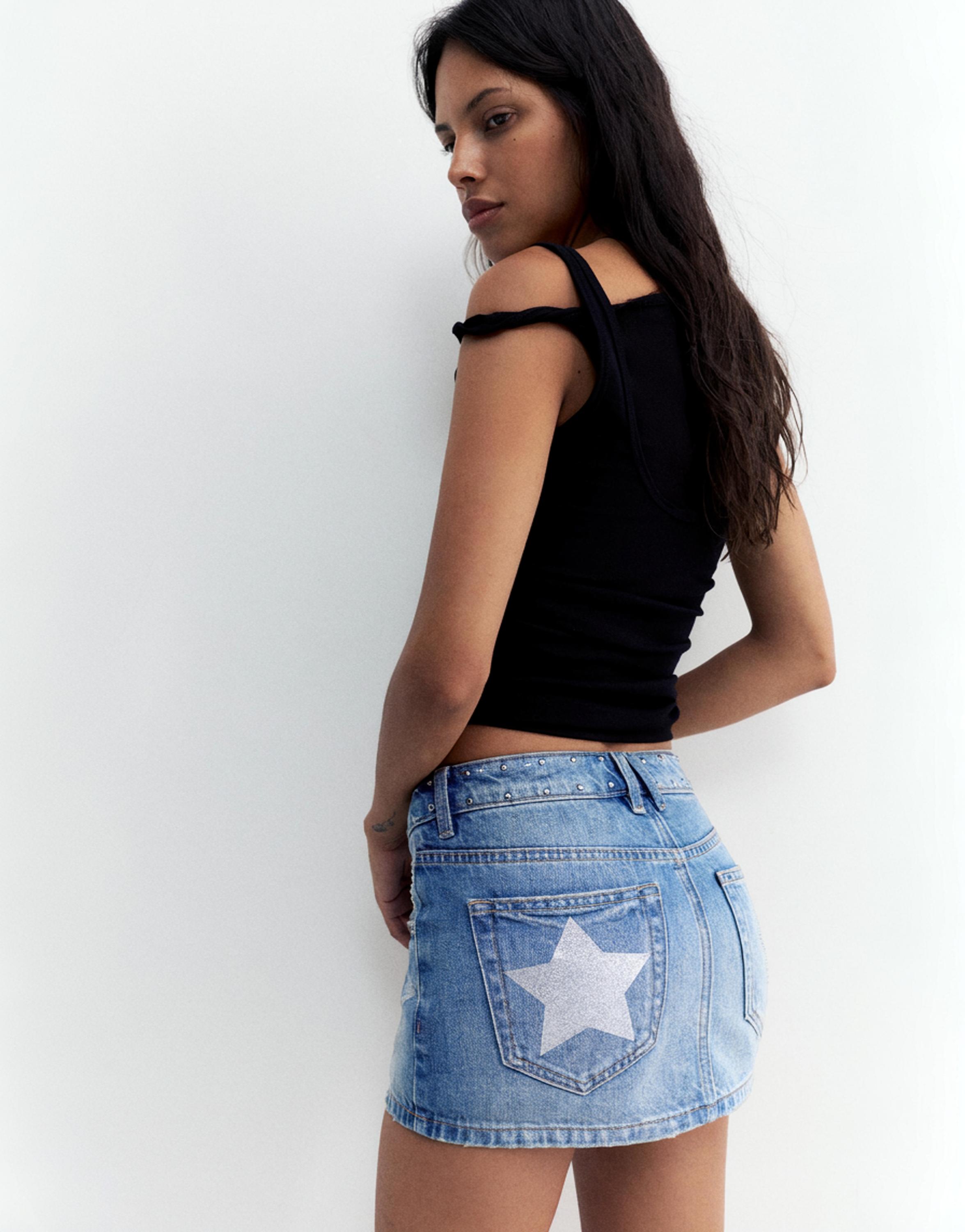 Star and stud denim mini skirt — Medium blue