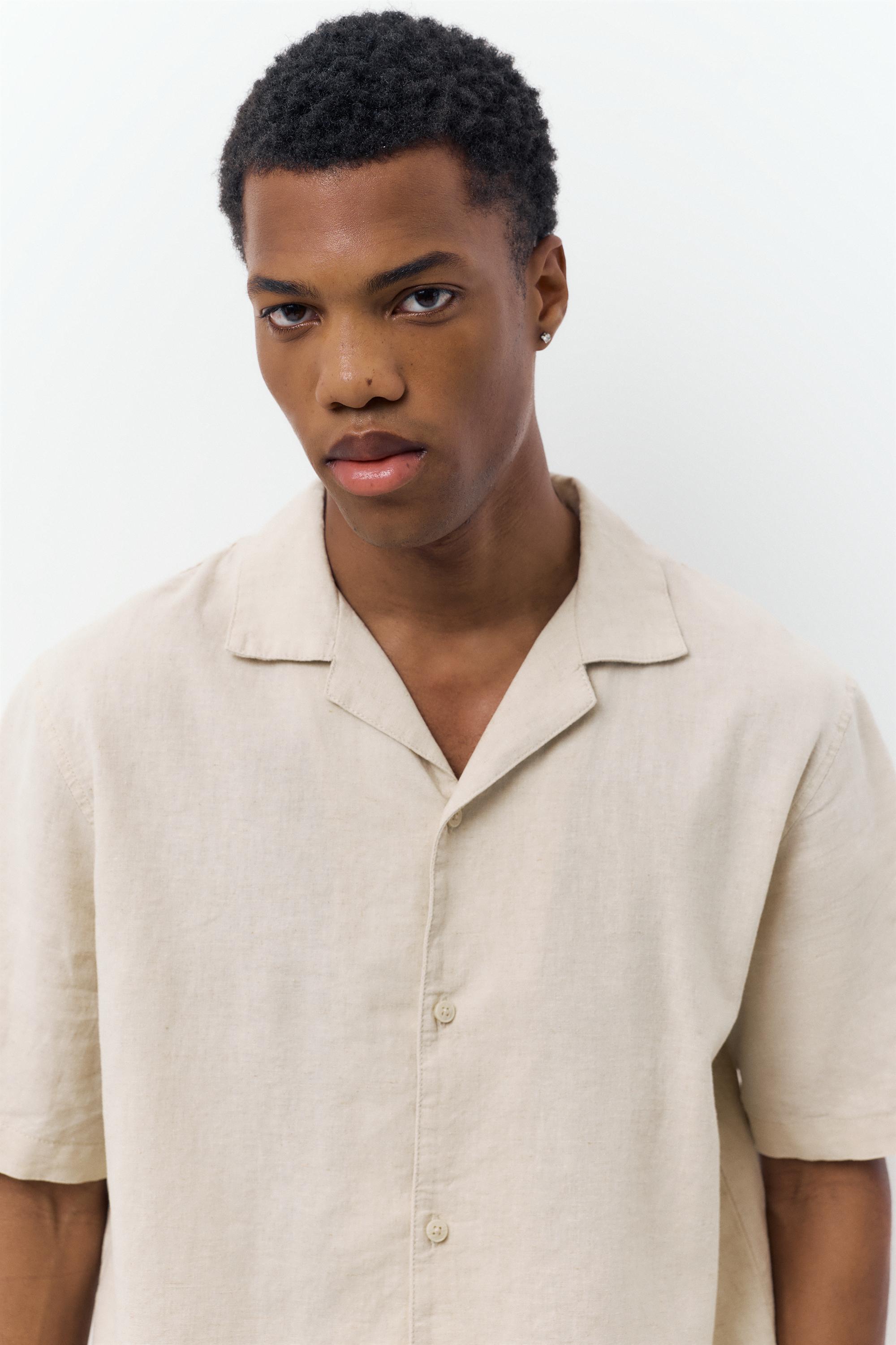Short sleeve linen blend shirt — Beige