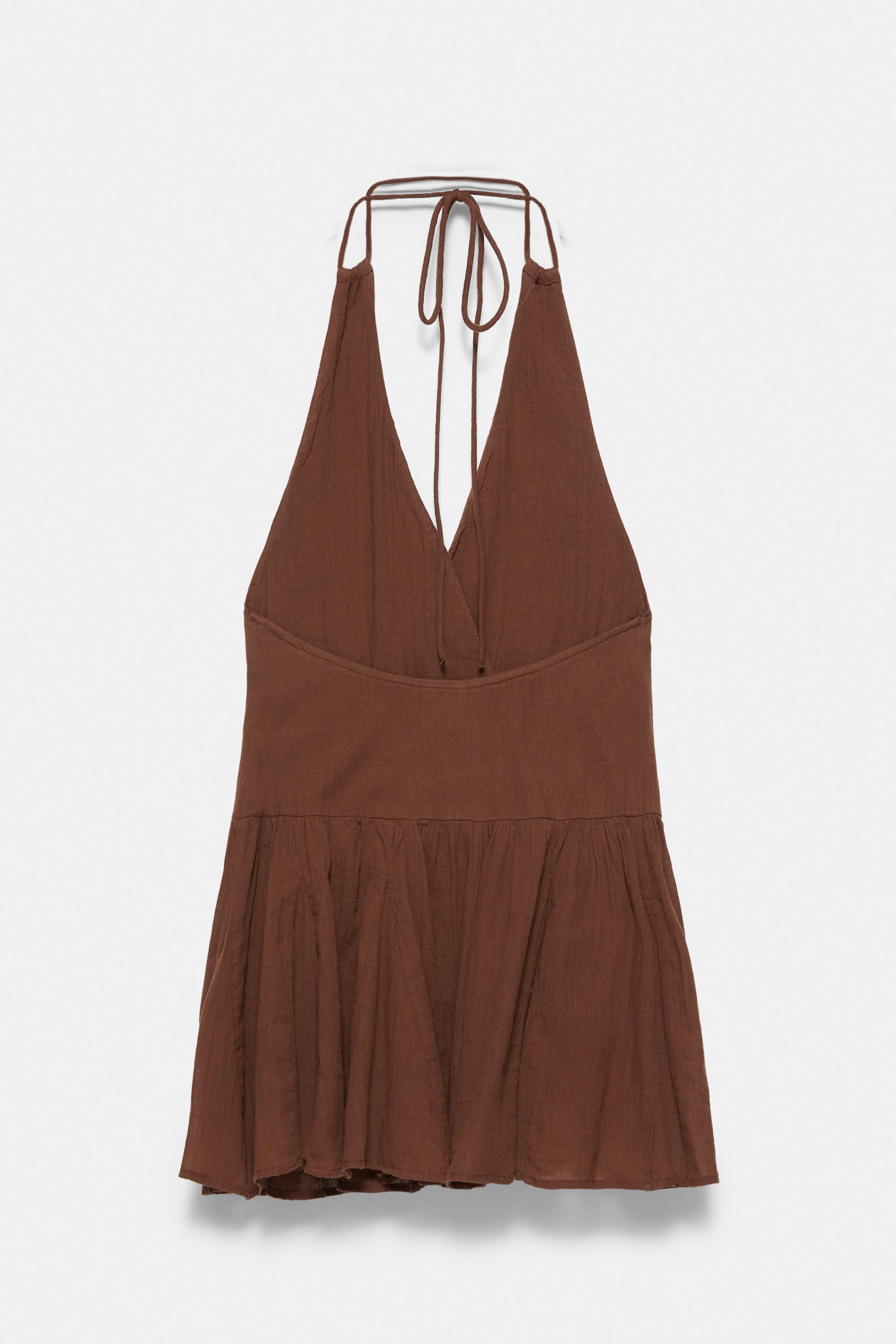Surplice neckline short dress — Brown