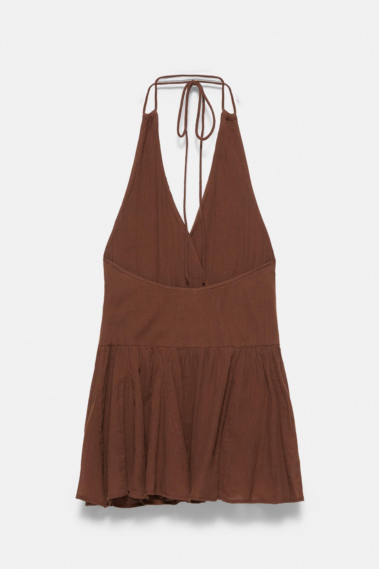 Surplice neckline short dress — Brown