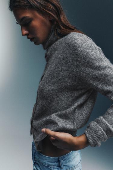 High neck buttoned cardigan — Grey marl 3