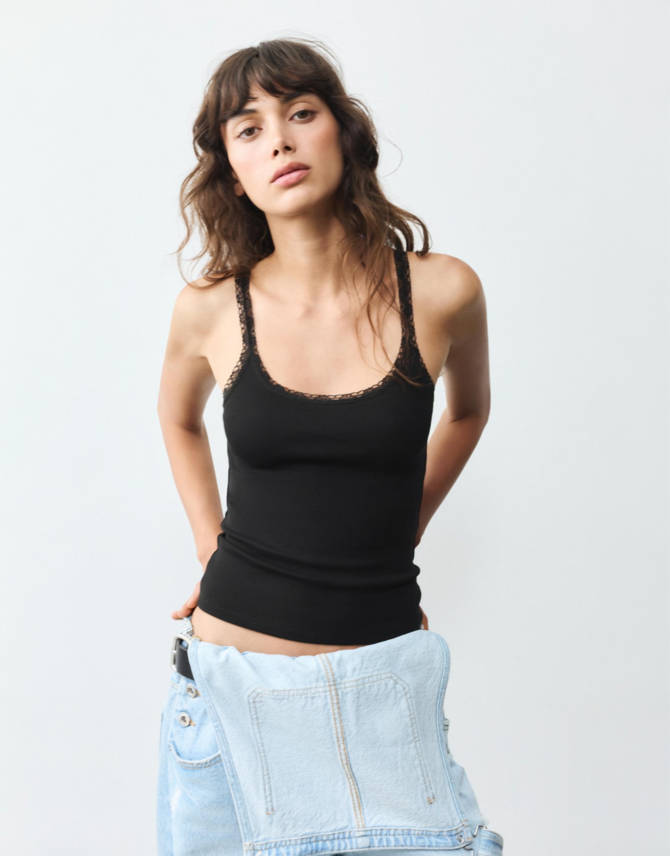 Lace-trim tank top — Black