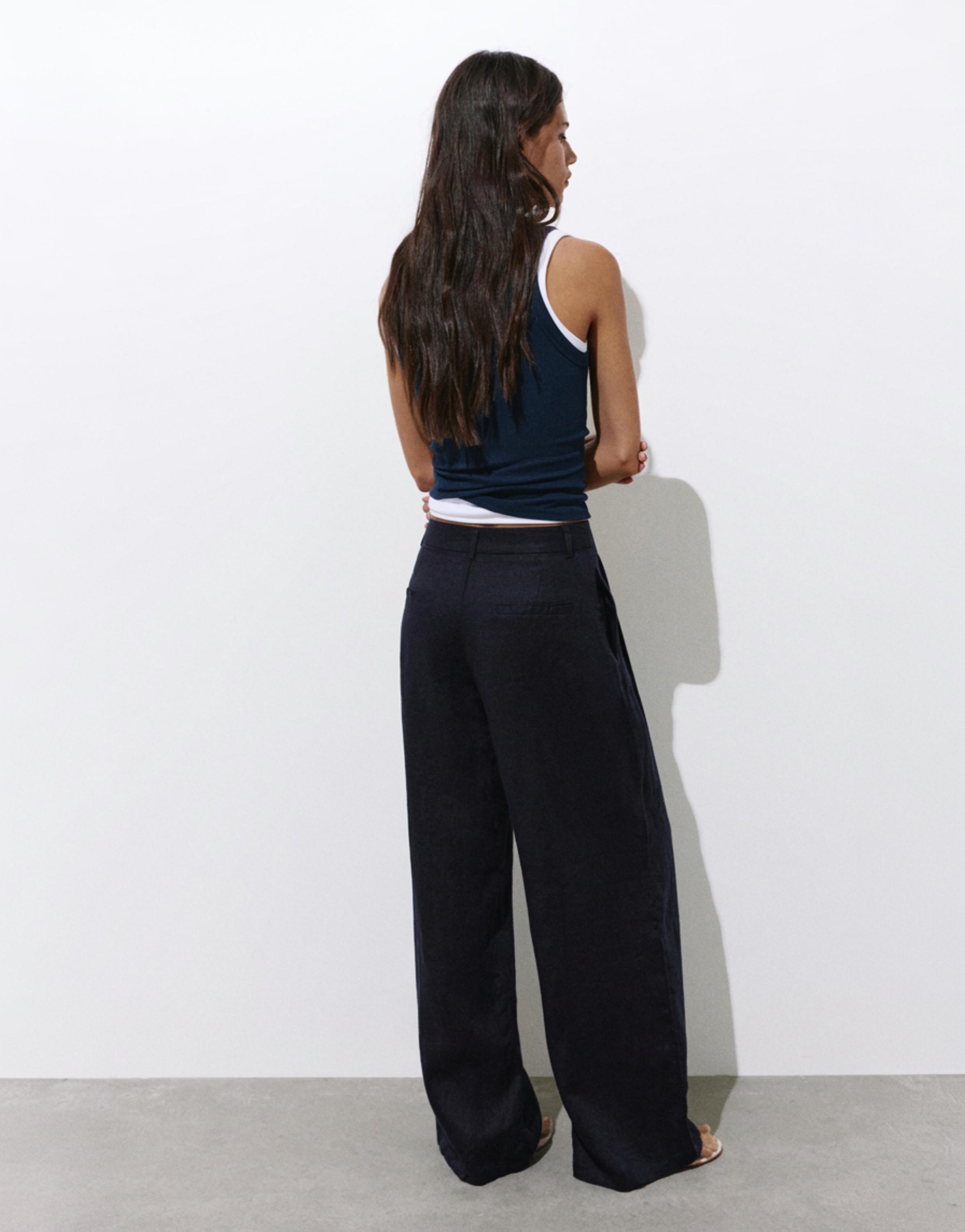 Wide-leg 100% linen trousers — Dark navy
