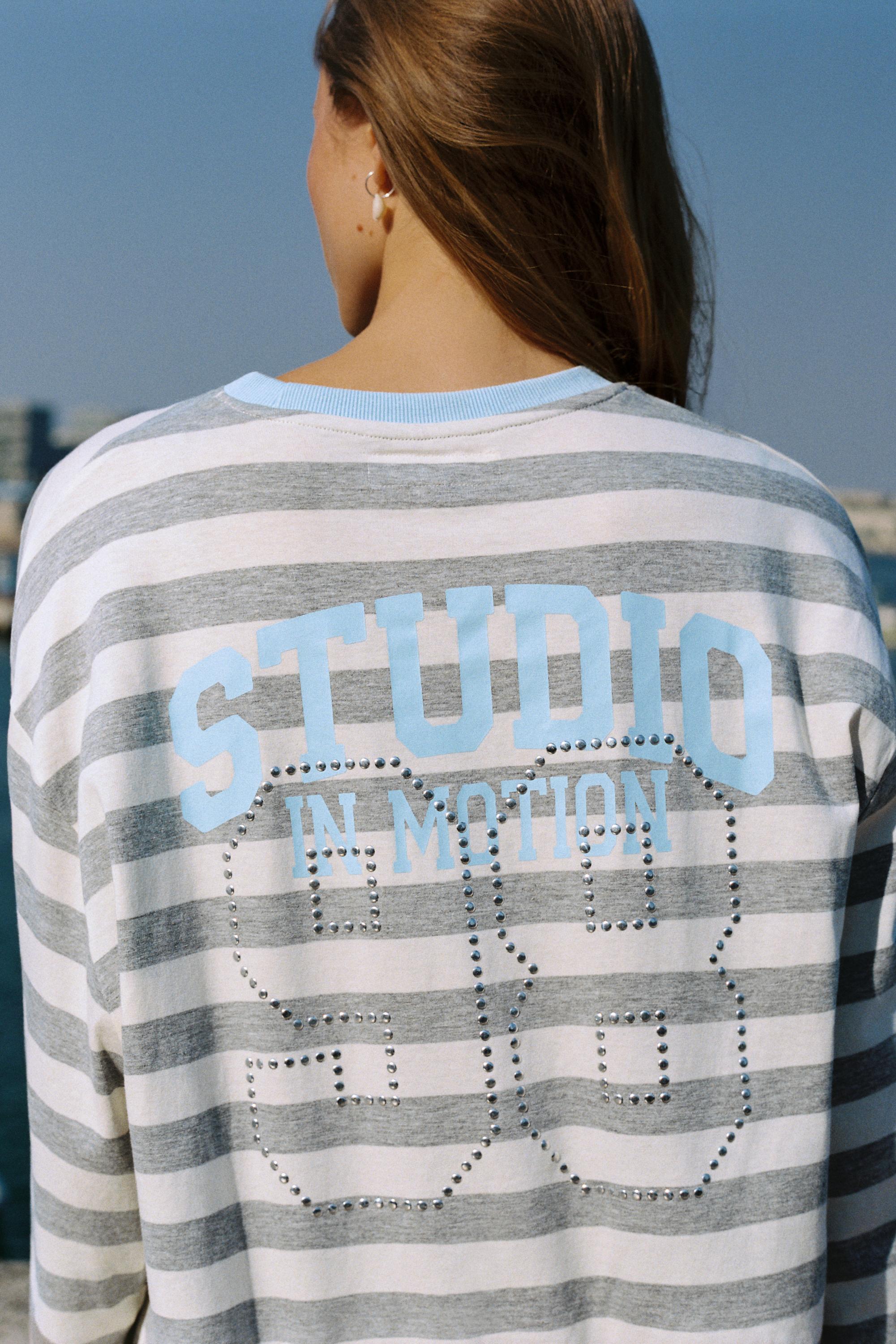 Oversize graphic striped T-shirt — Grey marl