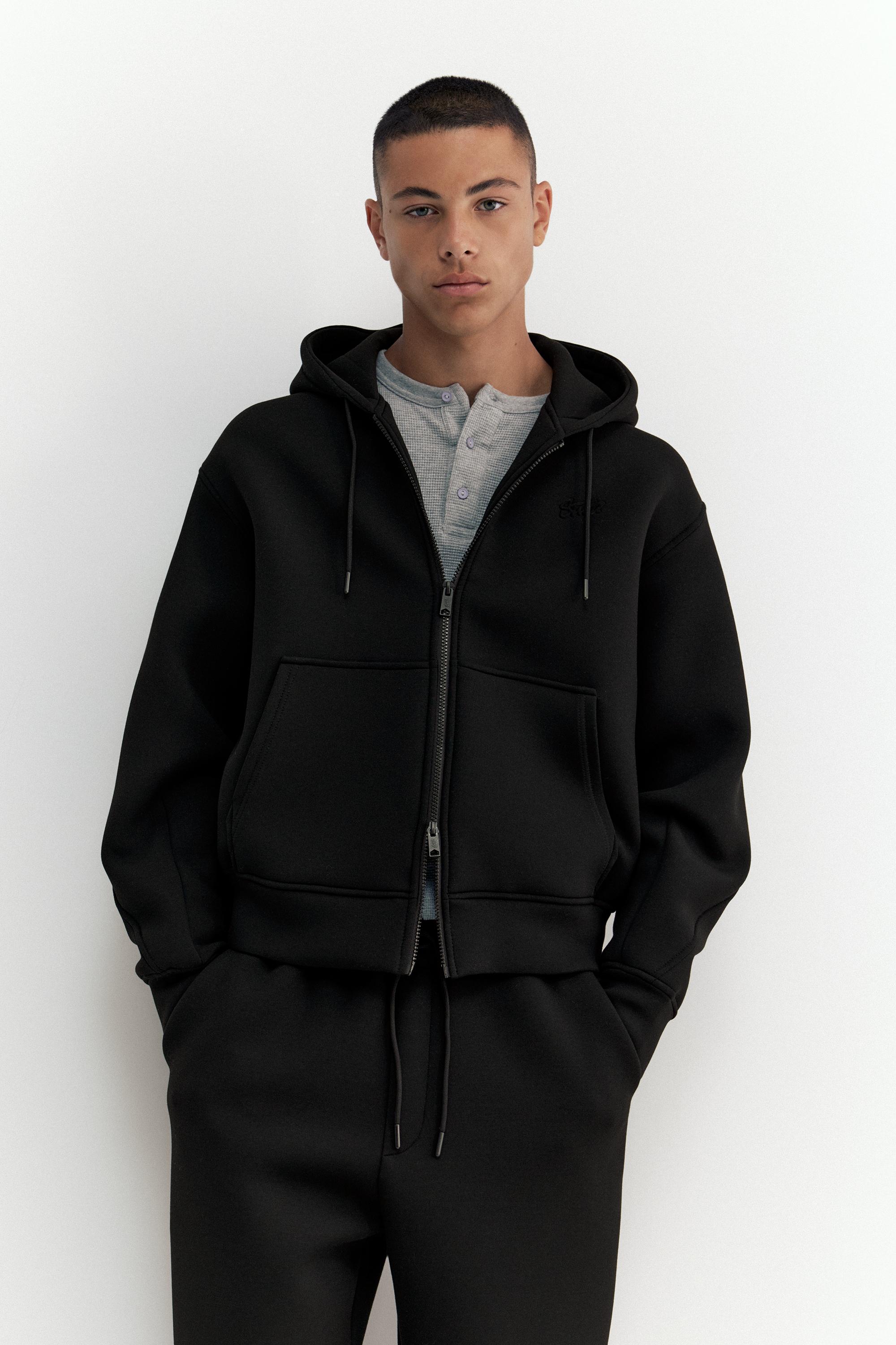 Neoprene-effect zip-up hoodie — Black