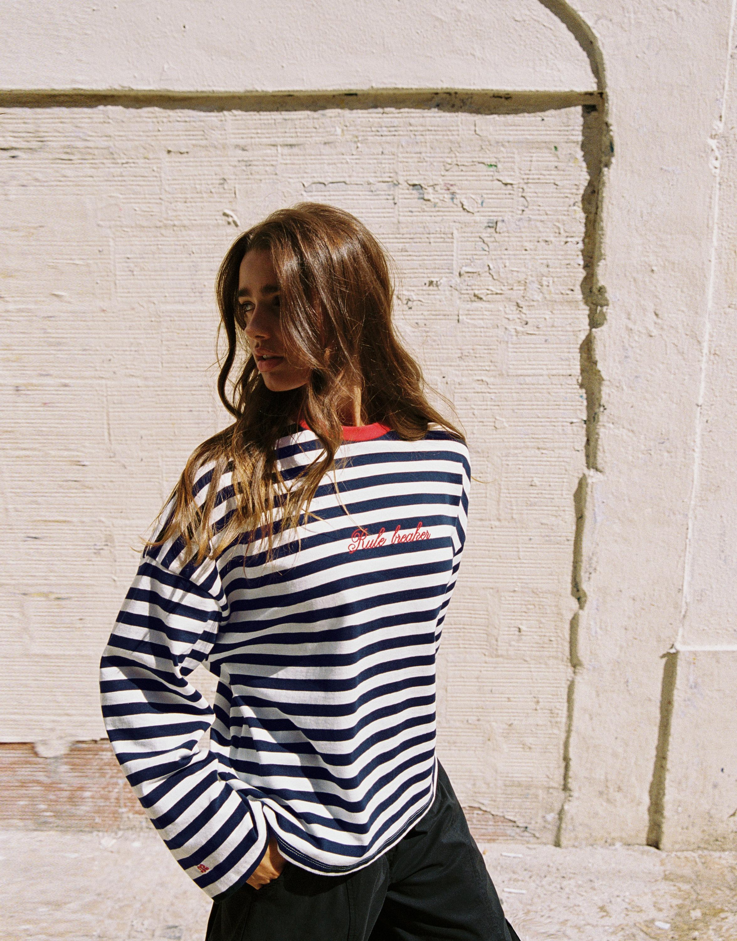 Pull&Bear Çizgili yazılı oversize tişört görsel 7