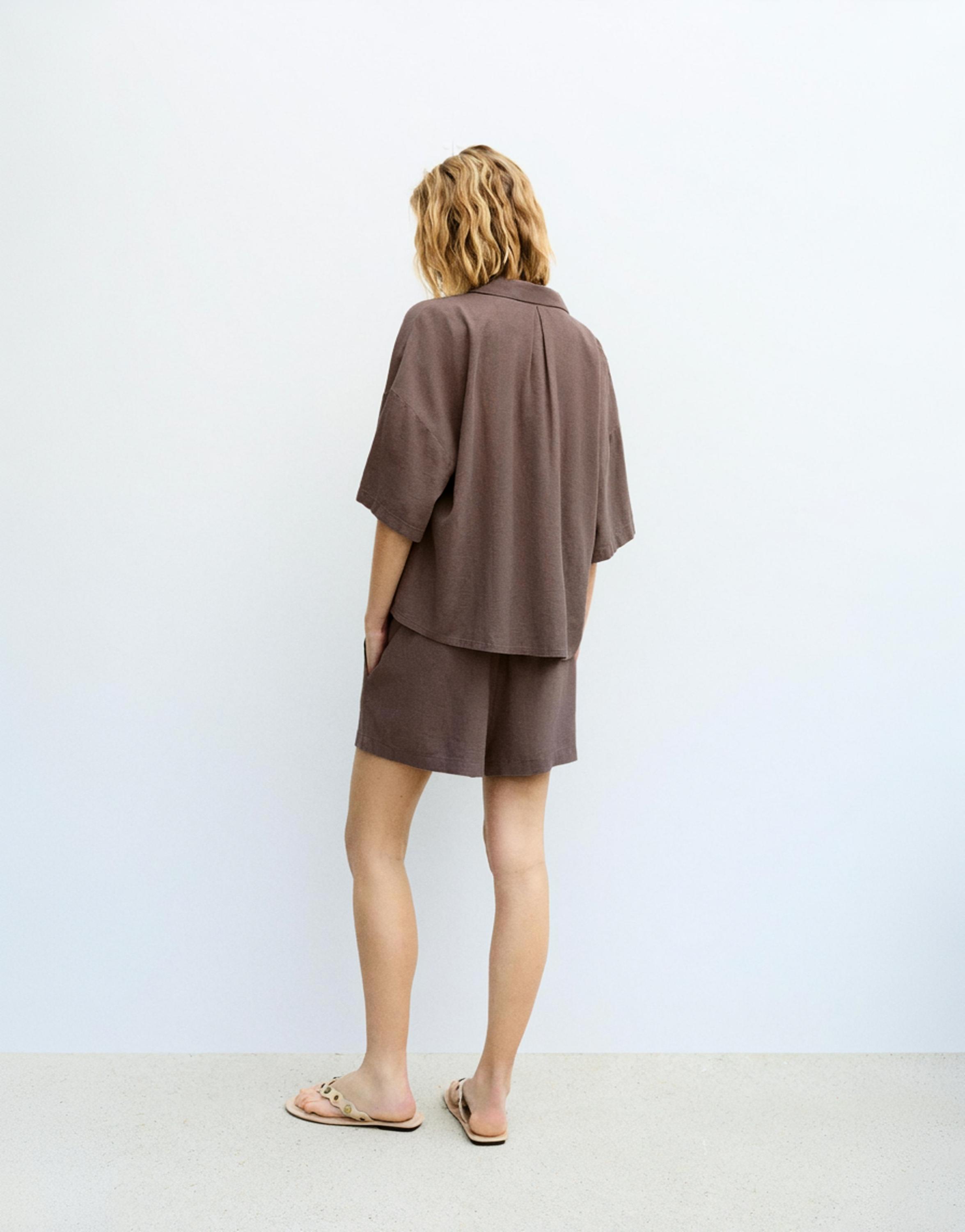 Short sleeve linen blend shirt — Pale brown