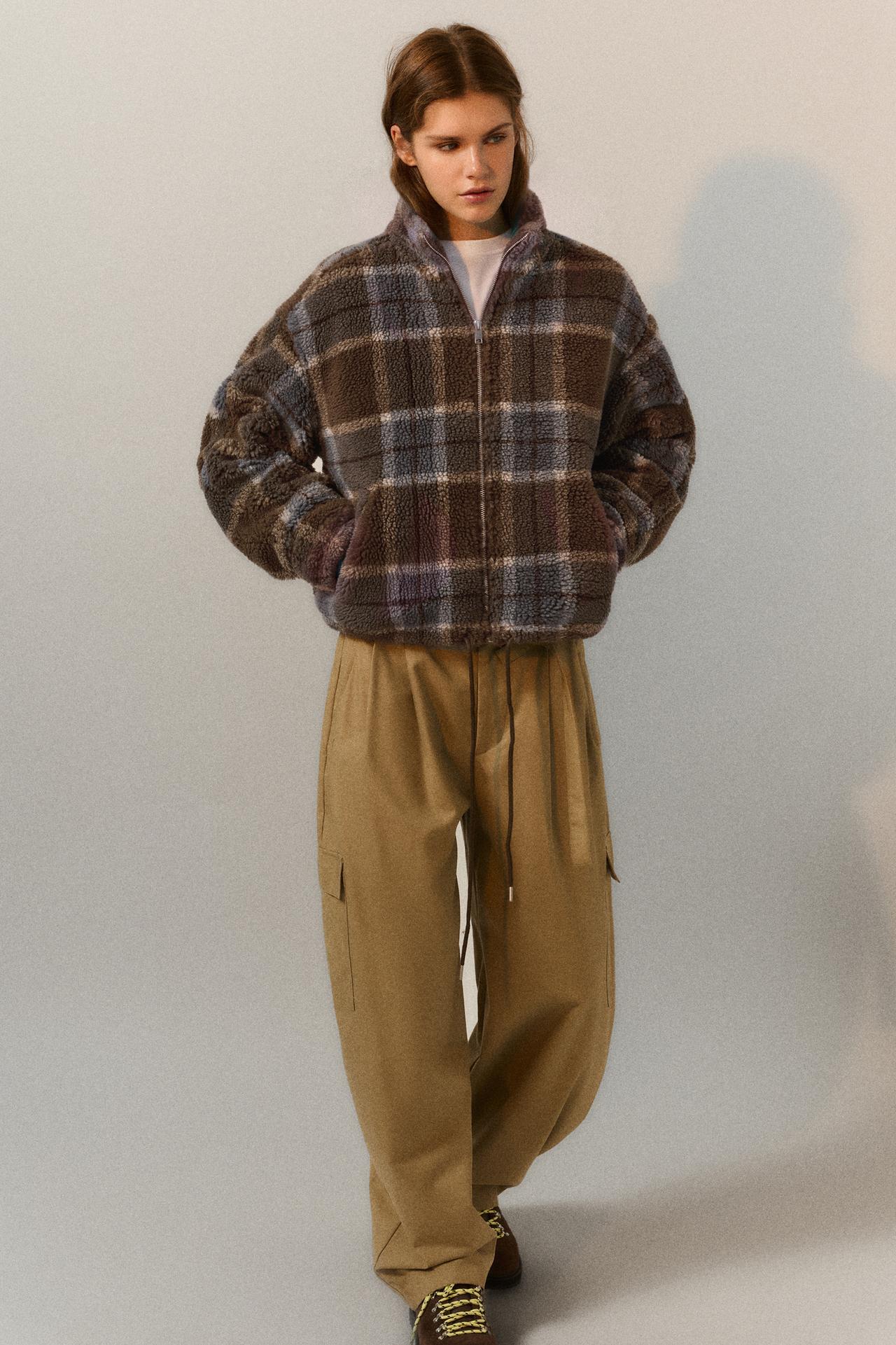 Check faux shearling jacket — Dark khaki