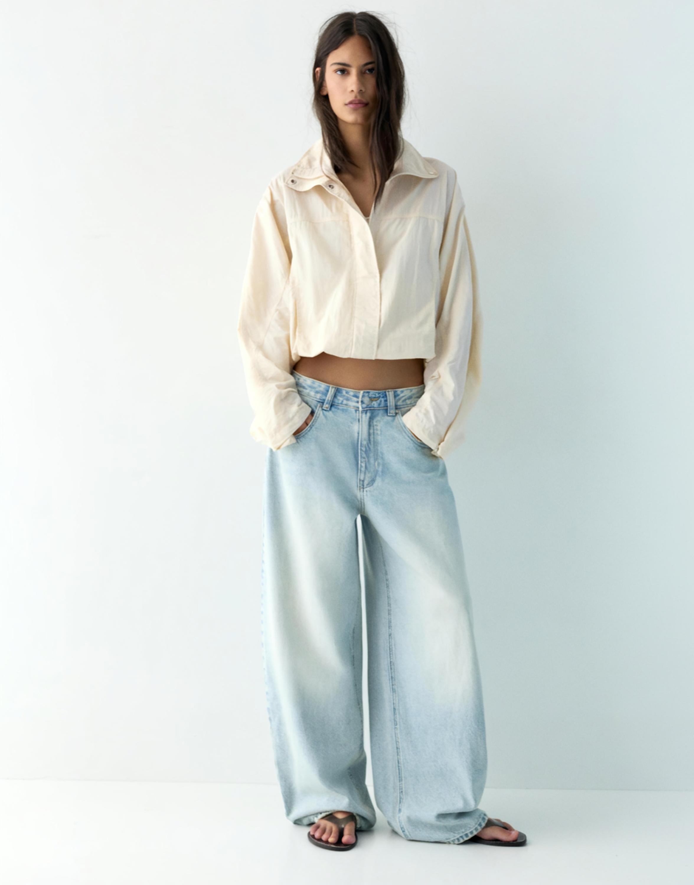 Short nylon-effect jacket — Ecru