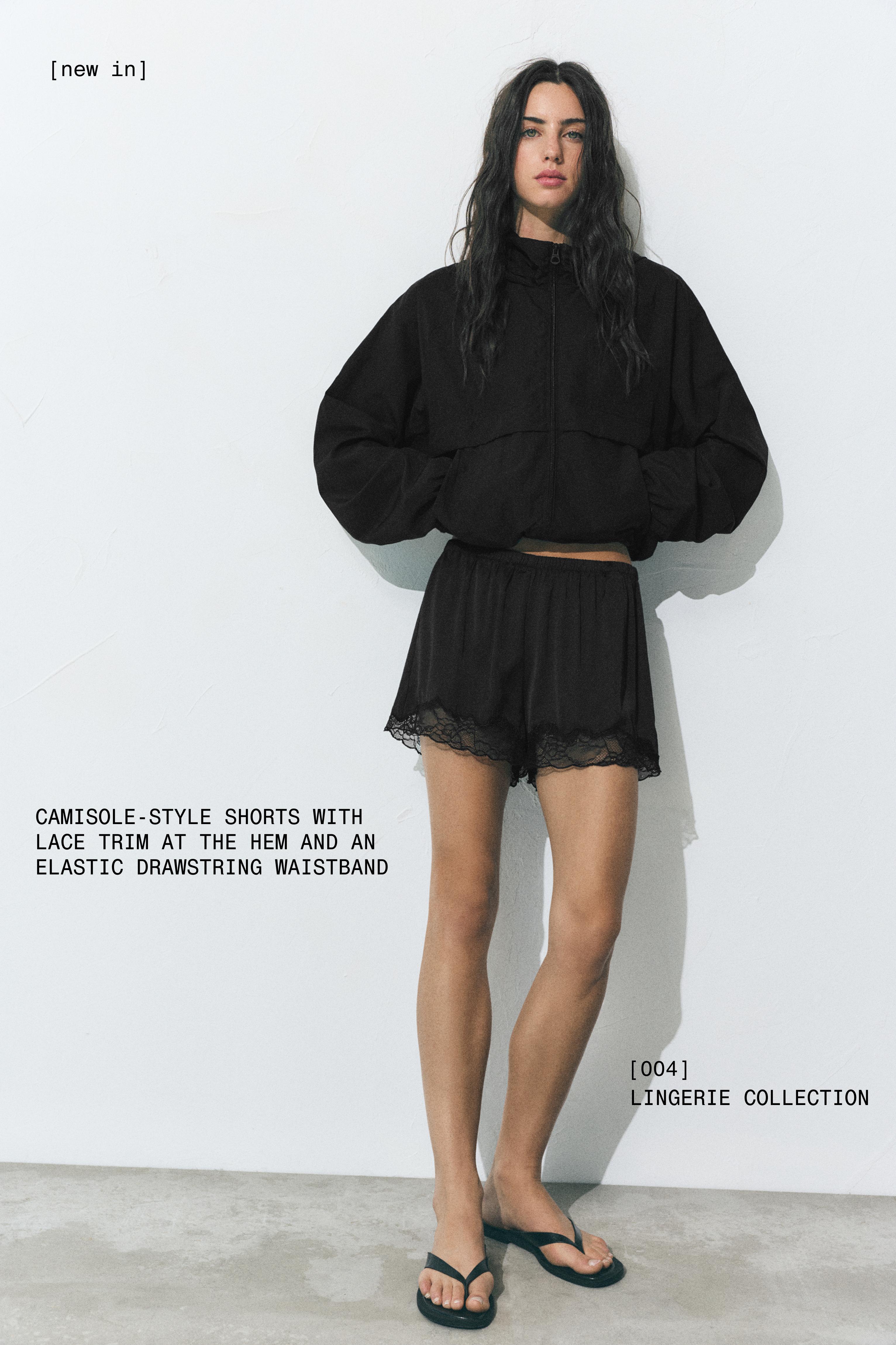 Satin lace cami shorts — Black