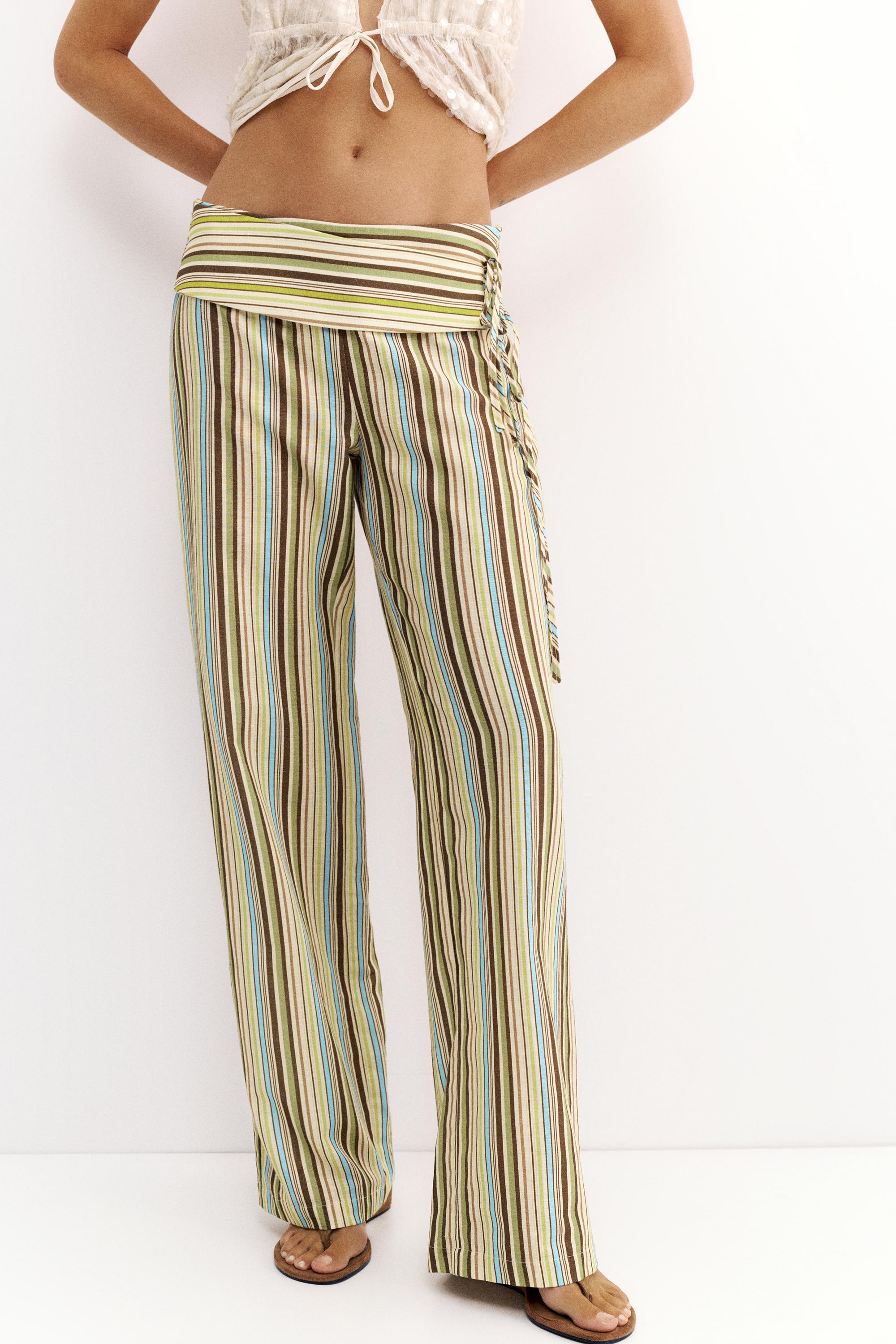 Striped tie-waist trousers — Green