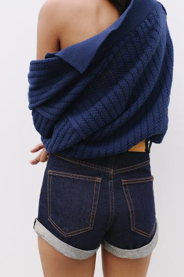 Denim mom fit shorts with turn-up hems — Navy 3