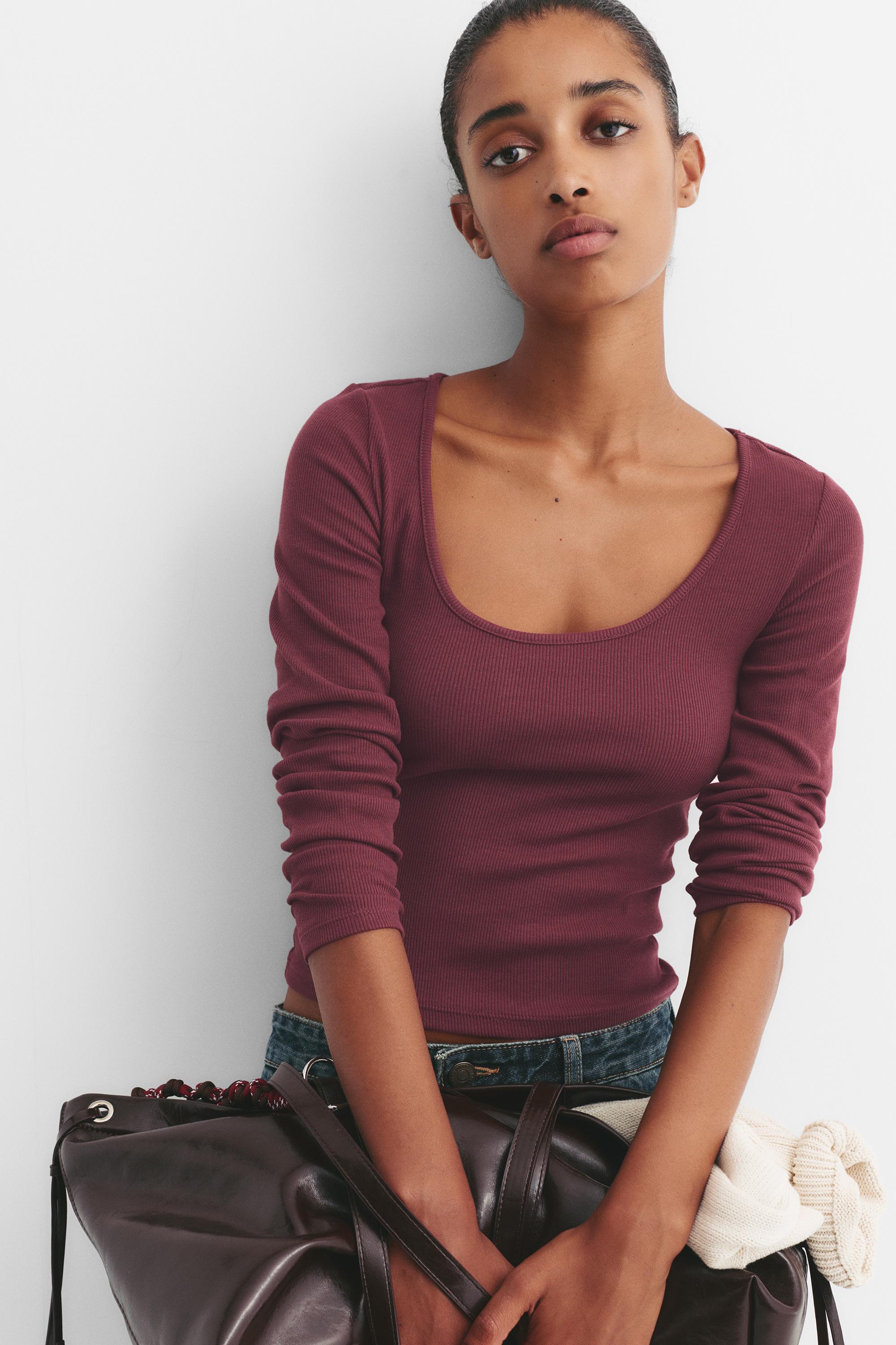 Ribbed round neck T-shirt — Burgundy