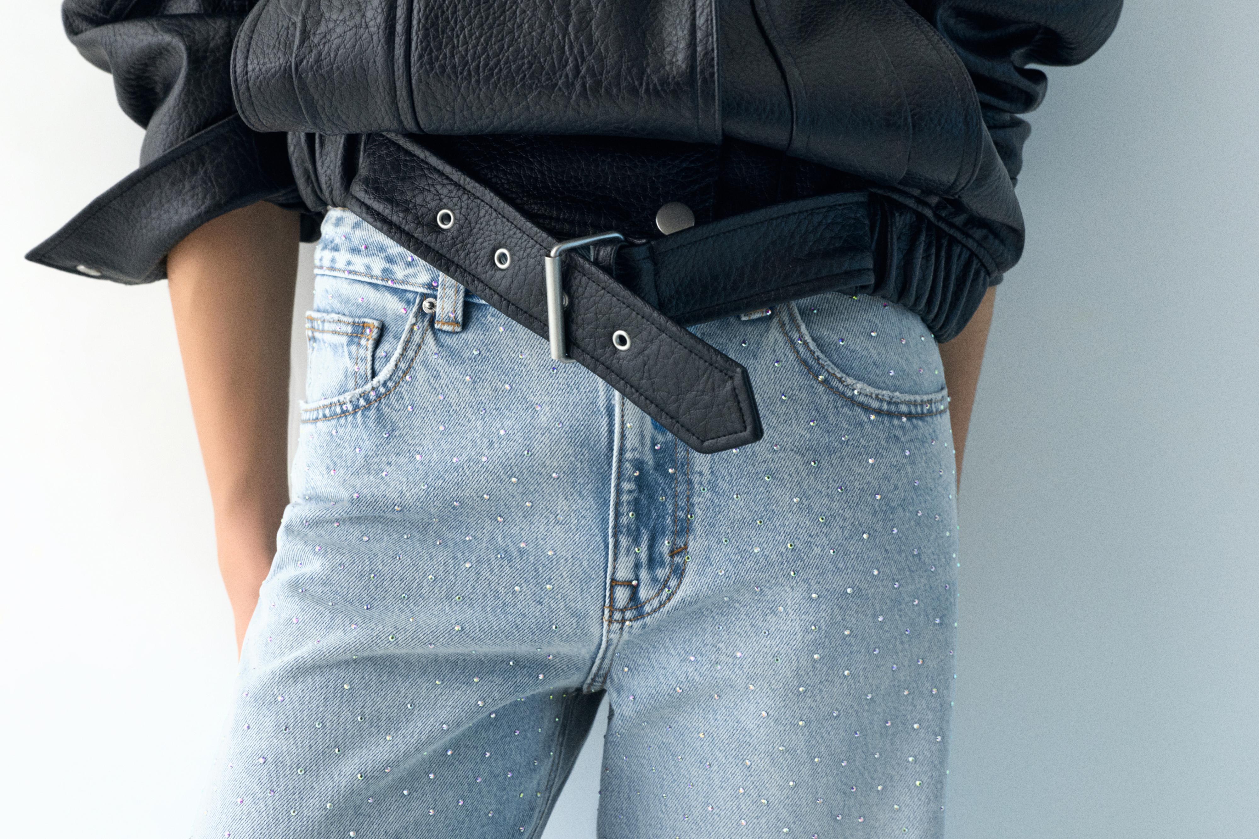 Straight-leg baggy jeans with rhinestones — Pale blue