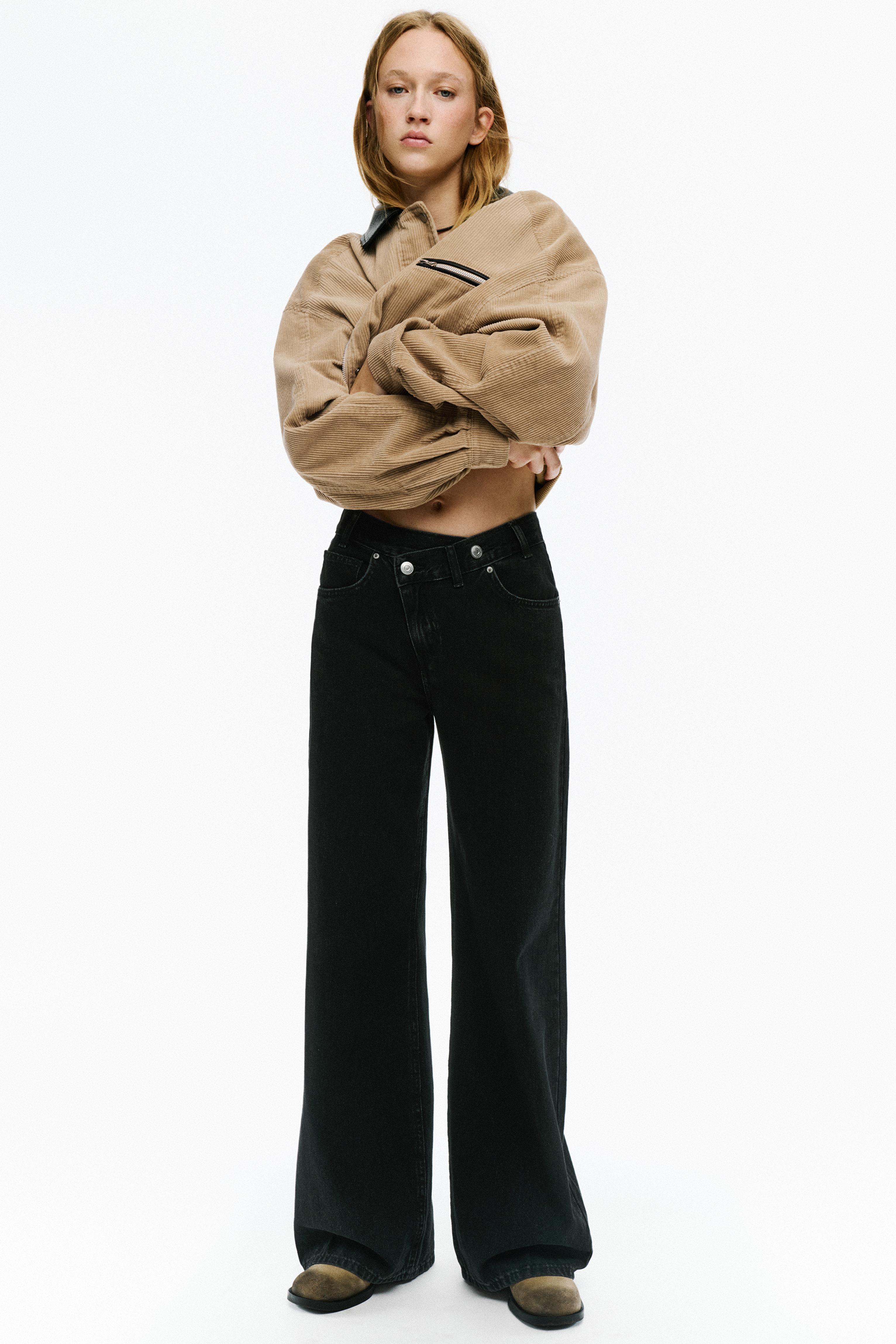 Wide leg jeans with crossover waistband — Black