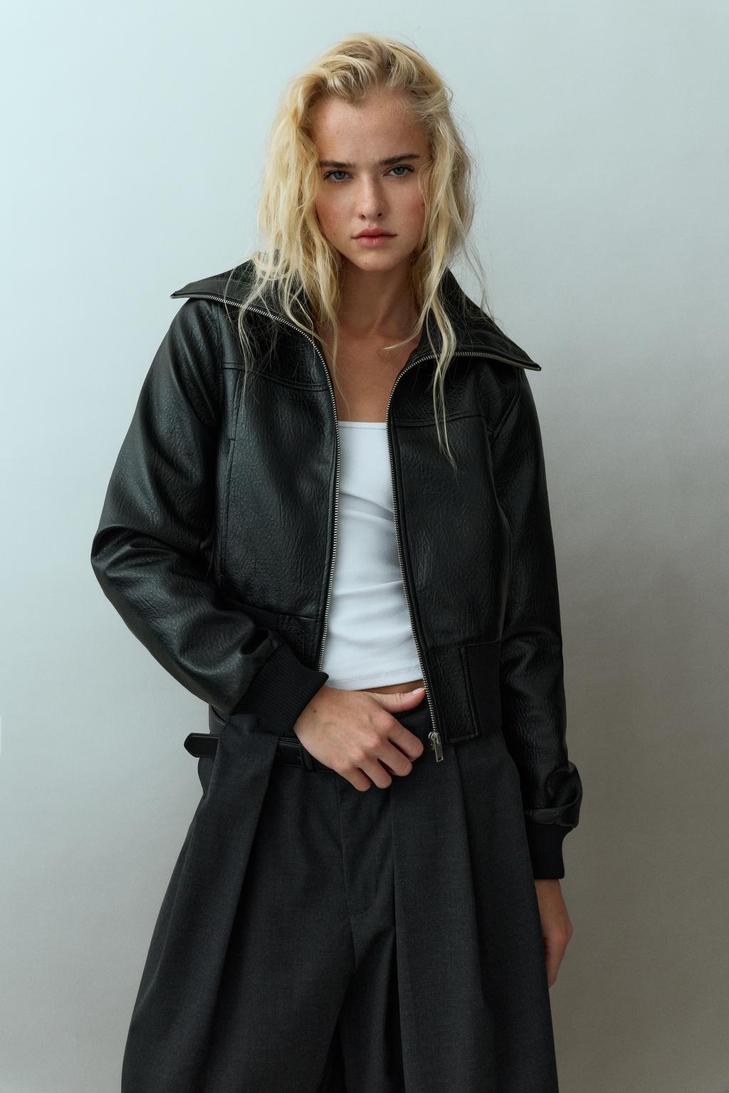 Ribbed leather effect bomber