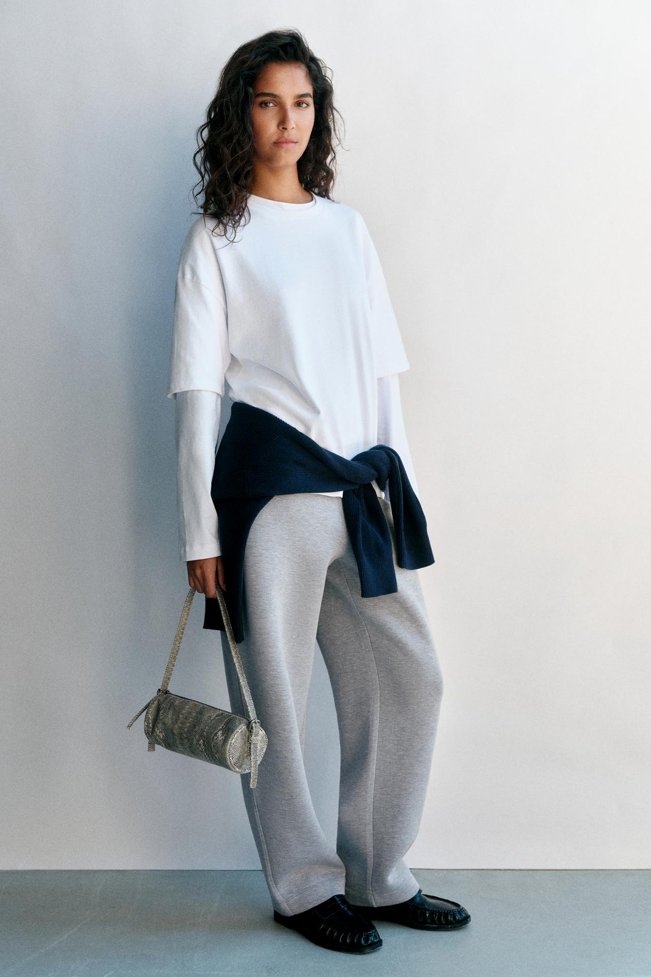 Neoprene-effect barrel trousers — Grey marl