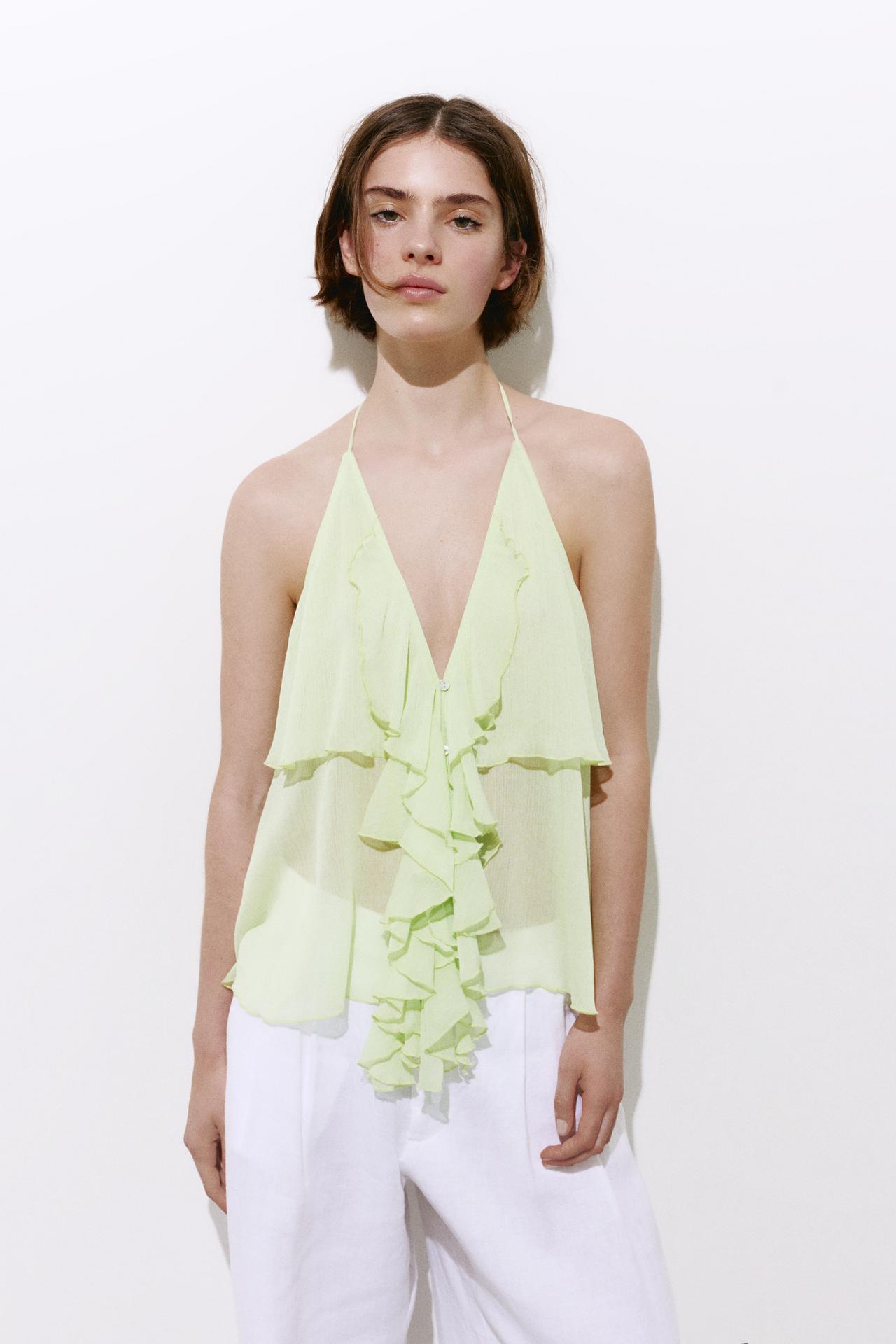 Halter top with ruffles — Apple green