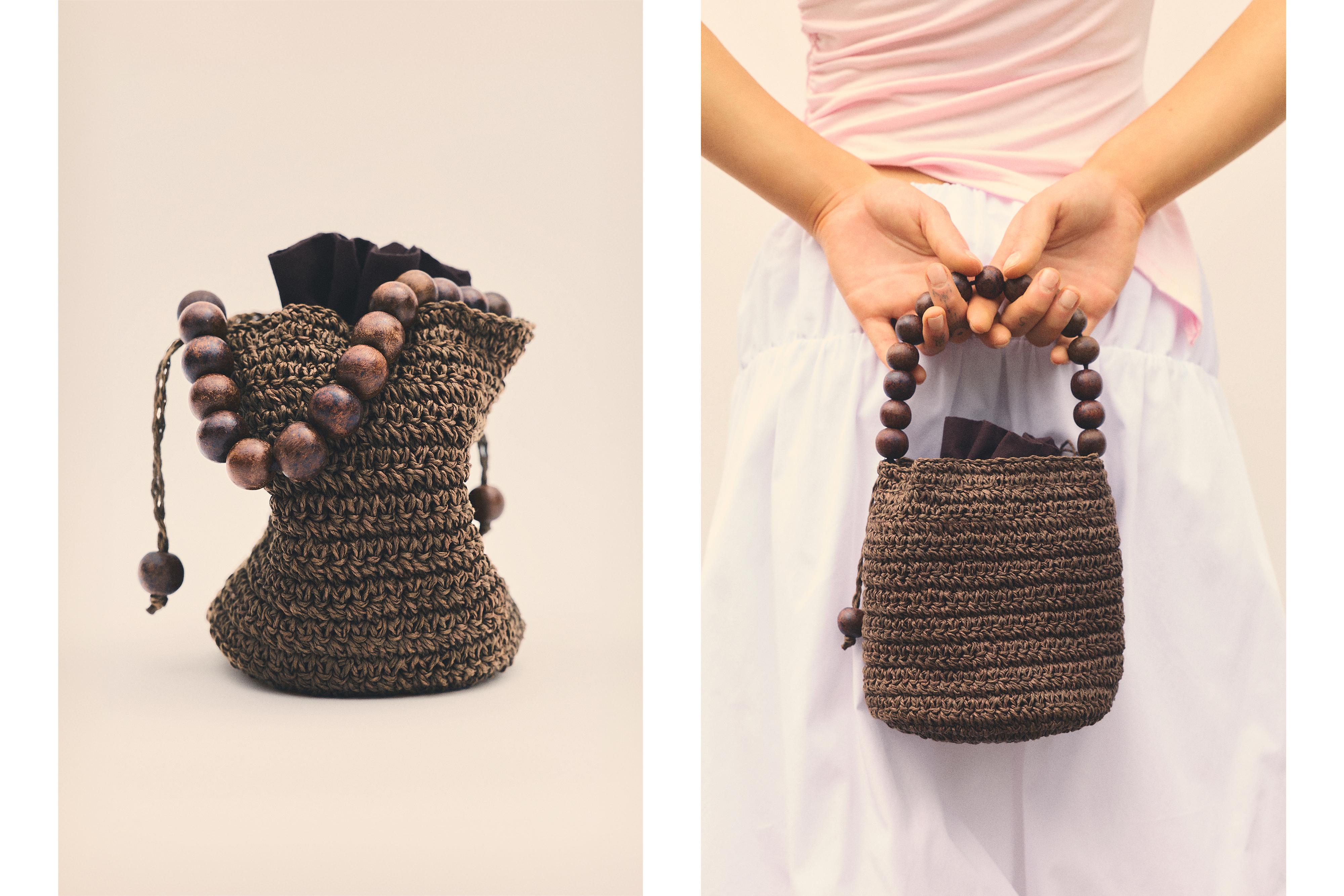Beaded bucket handbag — Brown