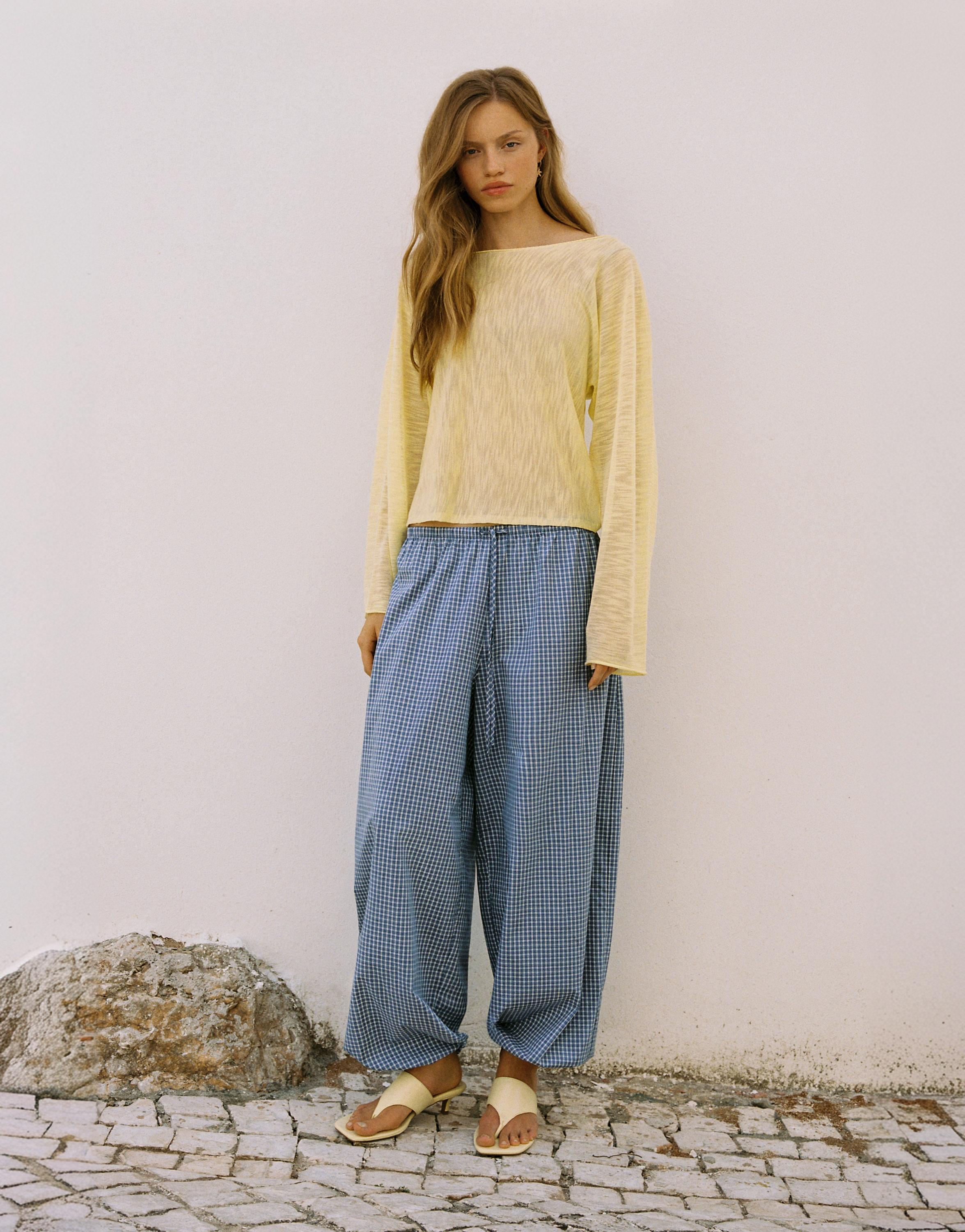 Check sarouel trousers — Medium blue
