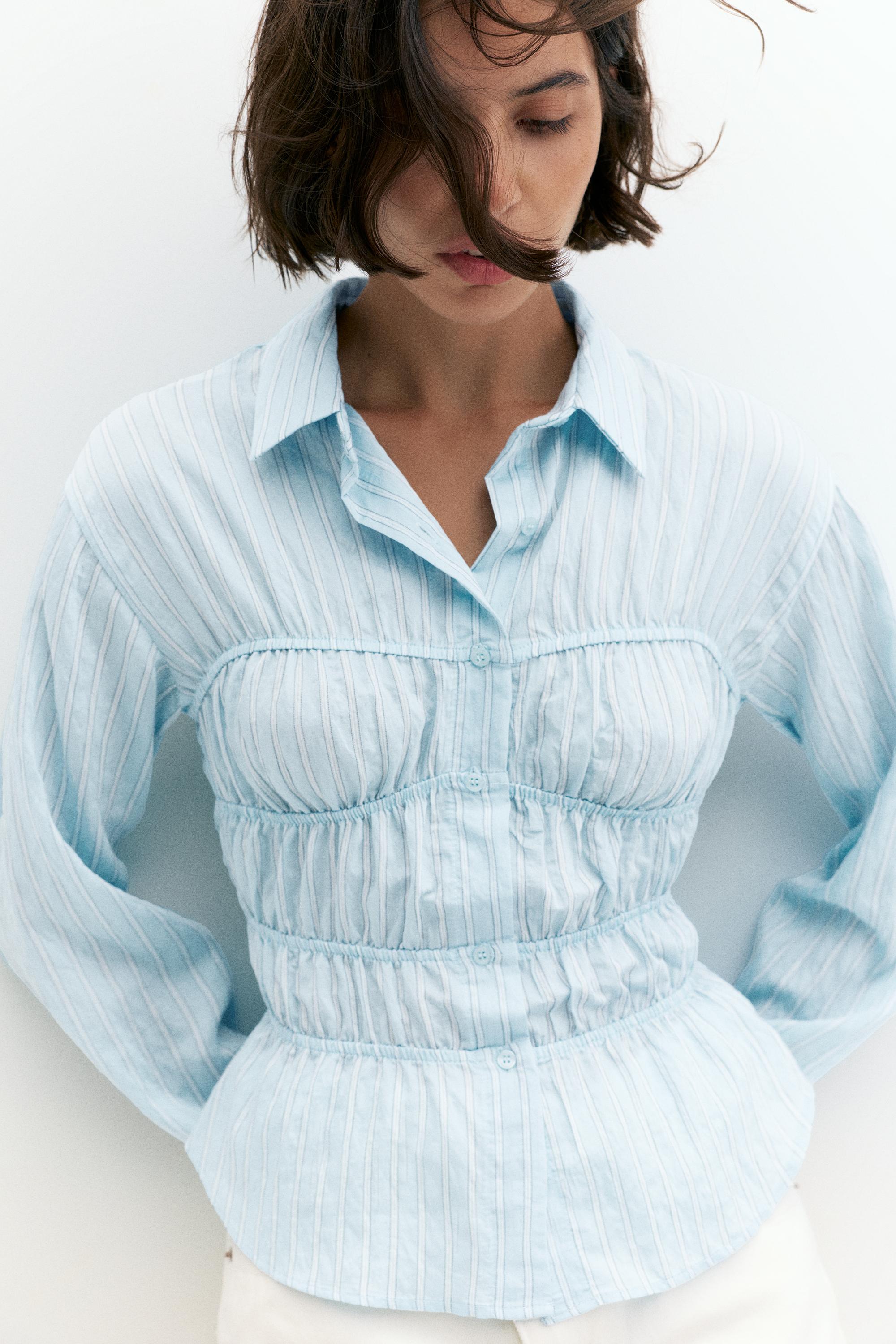 Striped long sleeve gathered shirt — White/Sky Blue