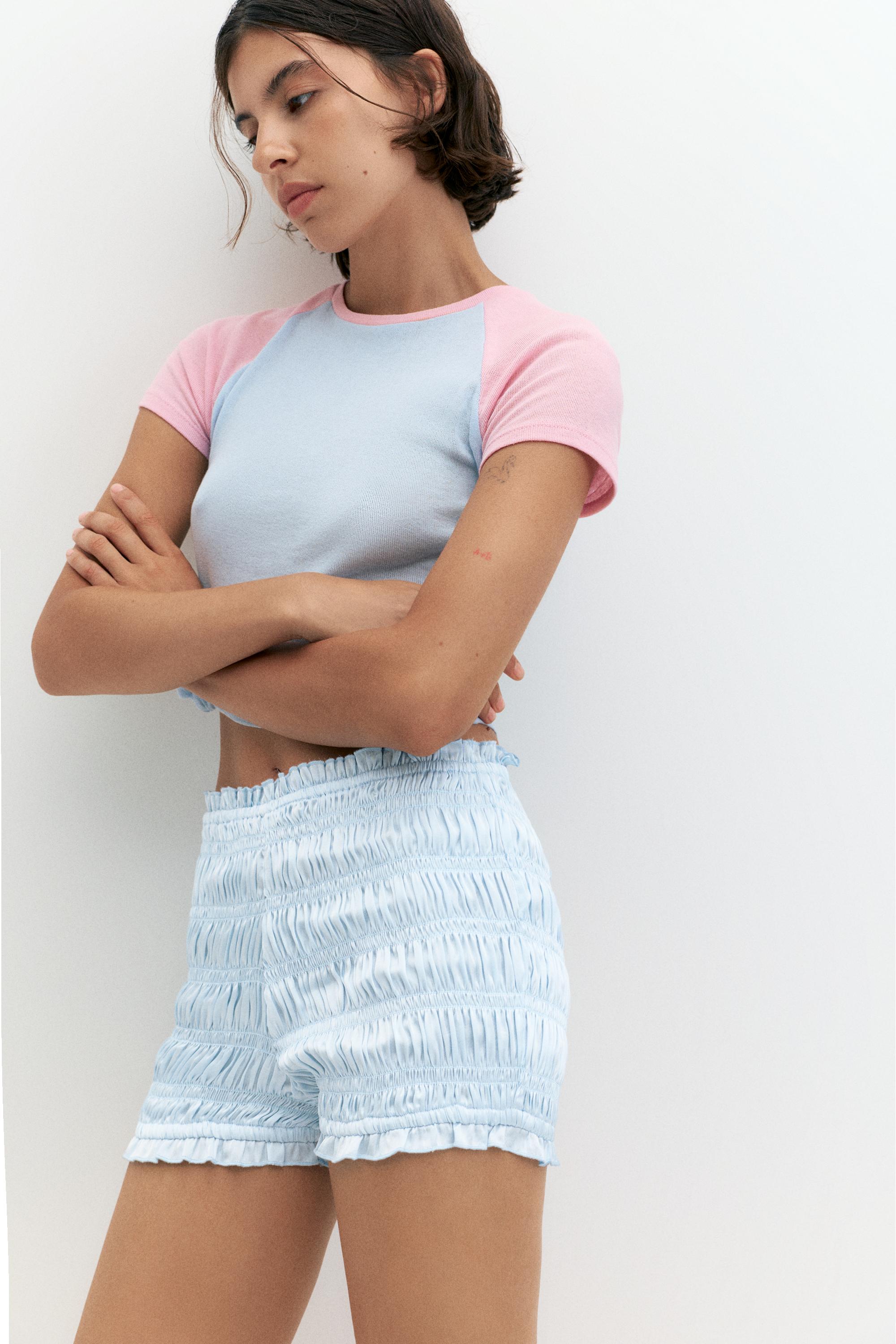 Satin gathered shorts — Sky blue