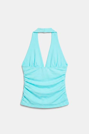 Halter neck top with gathering — Pale turquoise 6